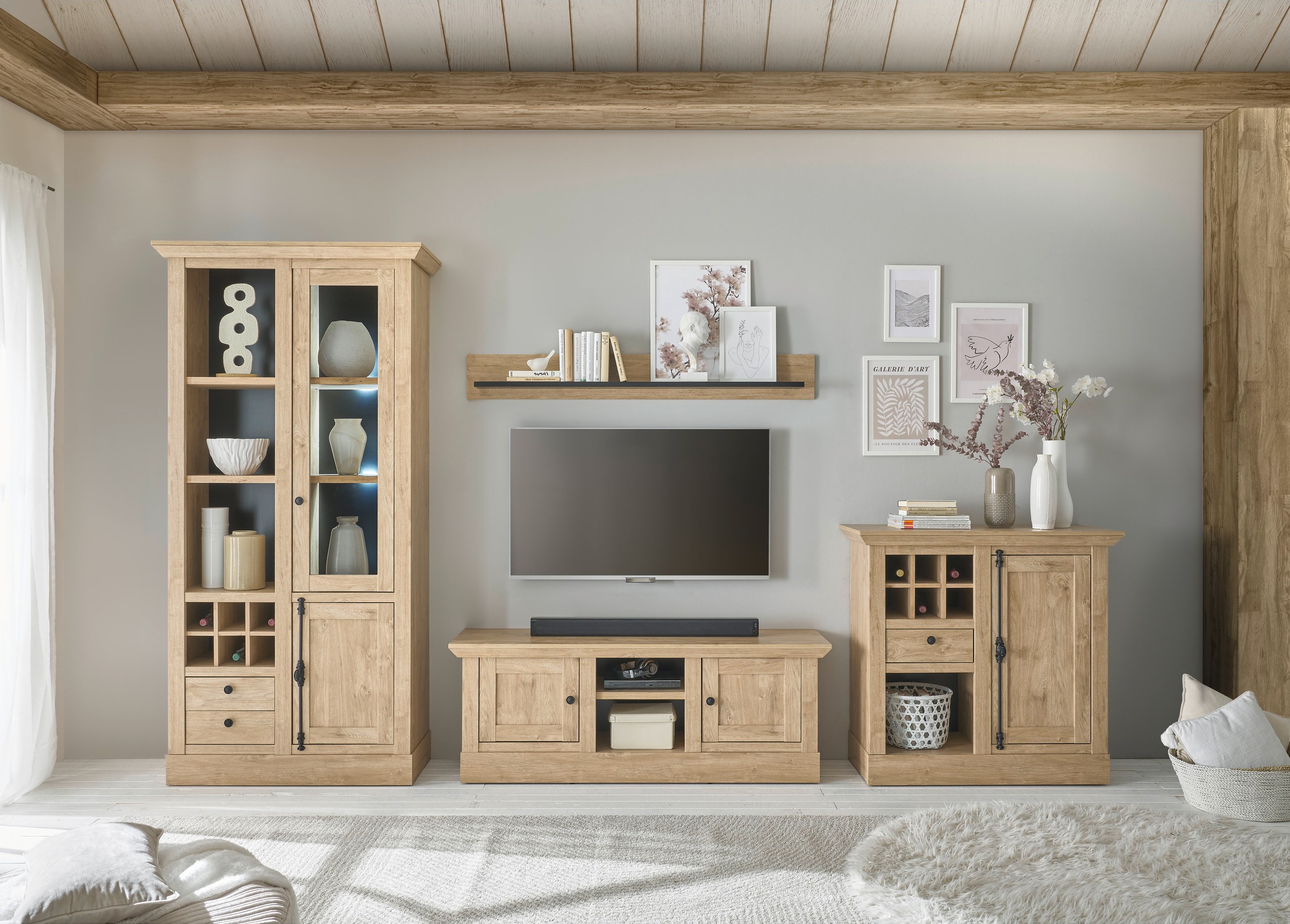 Image of Home affaire Wohnwand "Cornwall, Anbauwand im Landhausstil, Wohnzimmer-Set, Eiche Dekor" Set, 4 Stk. tlg.