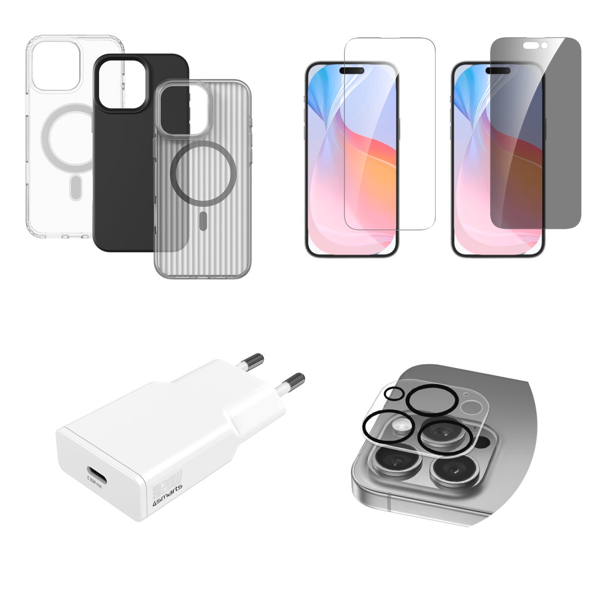 4smarts Handyhülle »7in1 Value Set für Apple iPhone 16 Pro Max«, 3x Hülle, 2x Schutzglas, Kameraschutzglas, Schnellladegerät