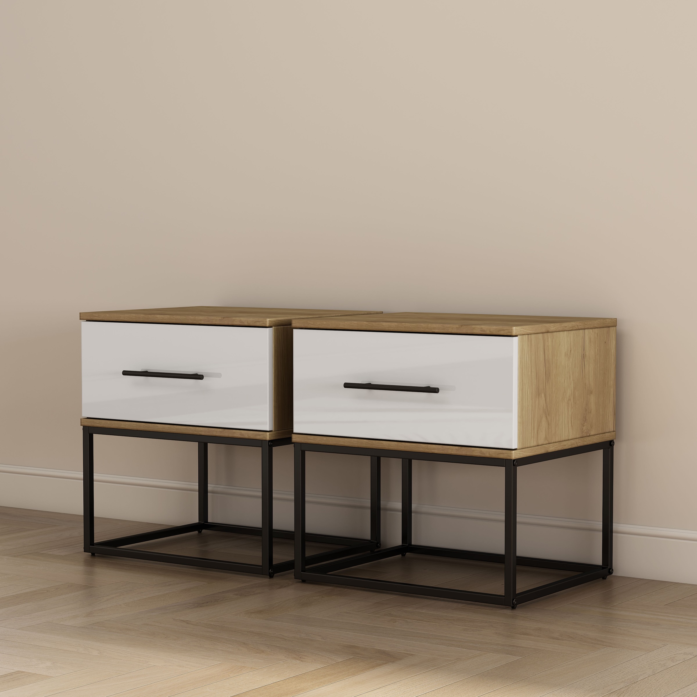 Image of GOODproduct Nachtkommode "Lucca Nachttisch Set mit Metallkufen und schwarzen Griffen" Set, 2 Schränke im Set, Hochglanz Fronten in weiss, Nchttisch Set mit je einer Schublade in Loft Design