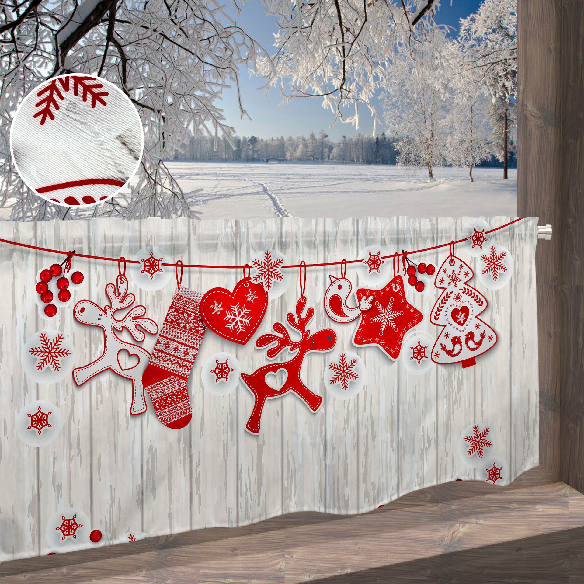 Image of GOODproduct Scheibengardine "Alphie, 1 Stangendurchzug, blickdicht, weihnachtliches Motiv" Stangendurchzug 1 Stk. tlg. rot, weiss Farben, weihnachtliches Motiv