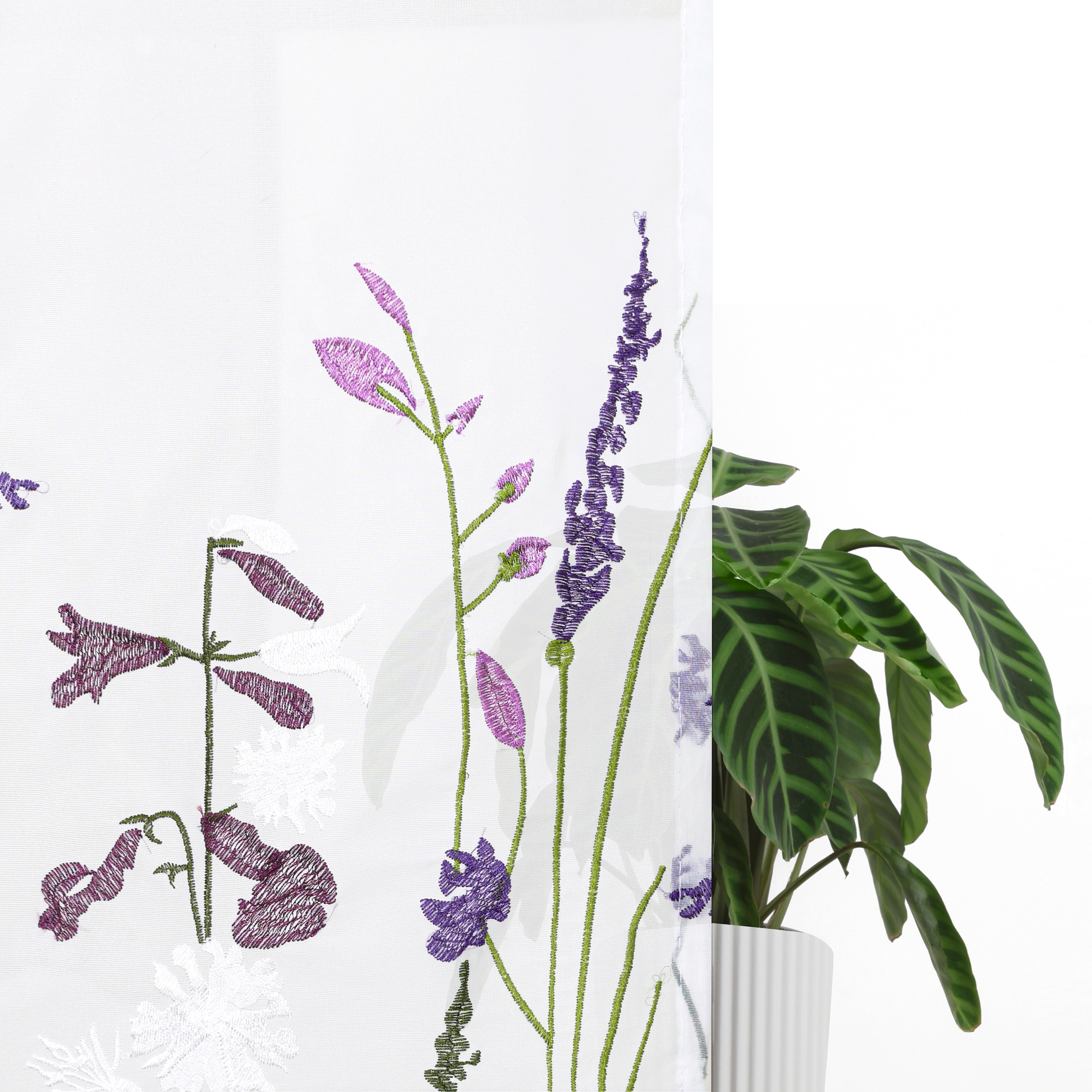 GOODproduct Rideau à vitres »Bille« Orifices de passage 1 cuis tlg. transparent, avec broderie unilatérale, lavable, fleurs