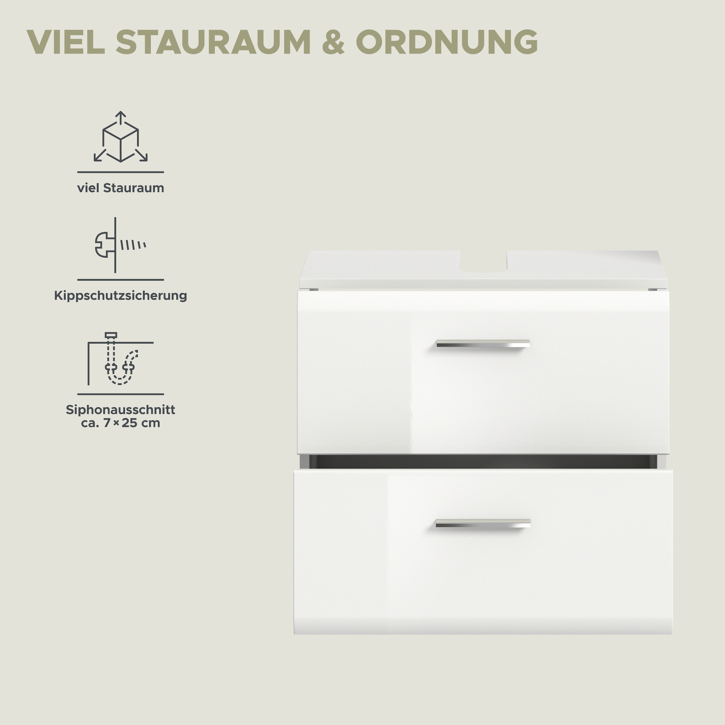 INOSIGN Waschbeckenunterschrank »FLORENZ, TOPSELLER!, Breite 60 cm, 2 Schubkästen,ink. Siphonausschnitt«, hochwertige MDF Front, Griff chromglänzend, Badschrank, Bad