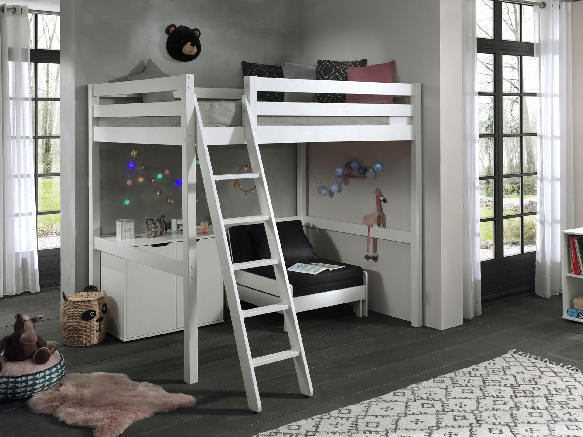 Vipack Lit superposé Fabriqué en Europe,  lit mezzanine avec surface de couchage 140 x 200 cm, incl. commode et fauteuil-lit