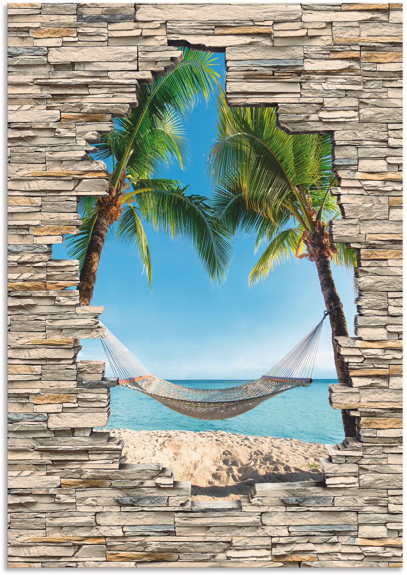 Image of Artland Wandbild »Palmenstrand Karibik Hängematte Stein«, Karibikbilder, (1 St.), in vielen Grössen & Produktarten - Alubild / Outdoorbild für den Aussenbereich, Leinwandbild, Poster, Wandaufkleber / Wandtattoo auch für Badezimmer geeignet bei Ackermann V