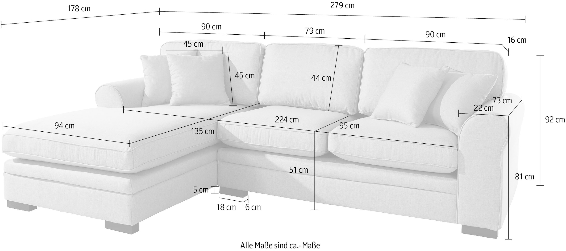 Home affaire Ecksofa »Broughton L-Form« weicher Sitzkomfort, incl. 4 Zierkissen, Keder