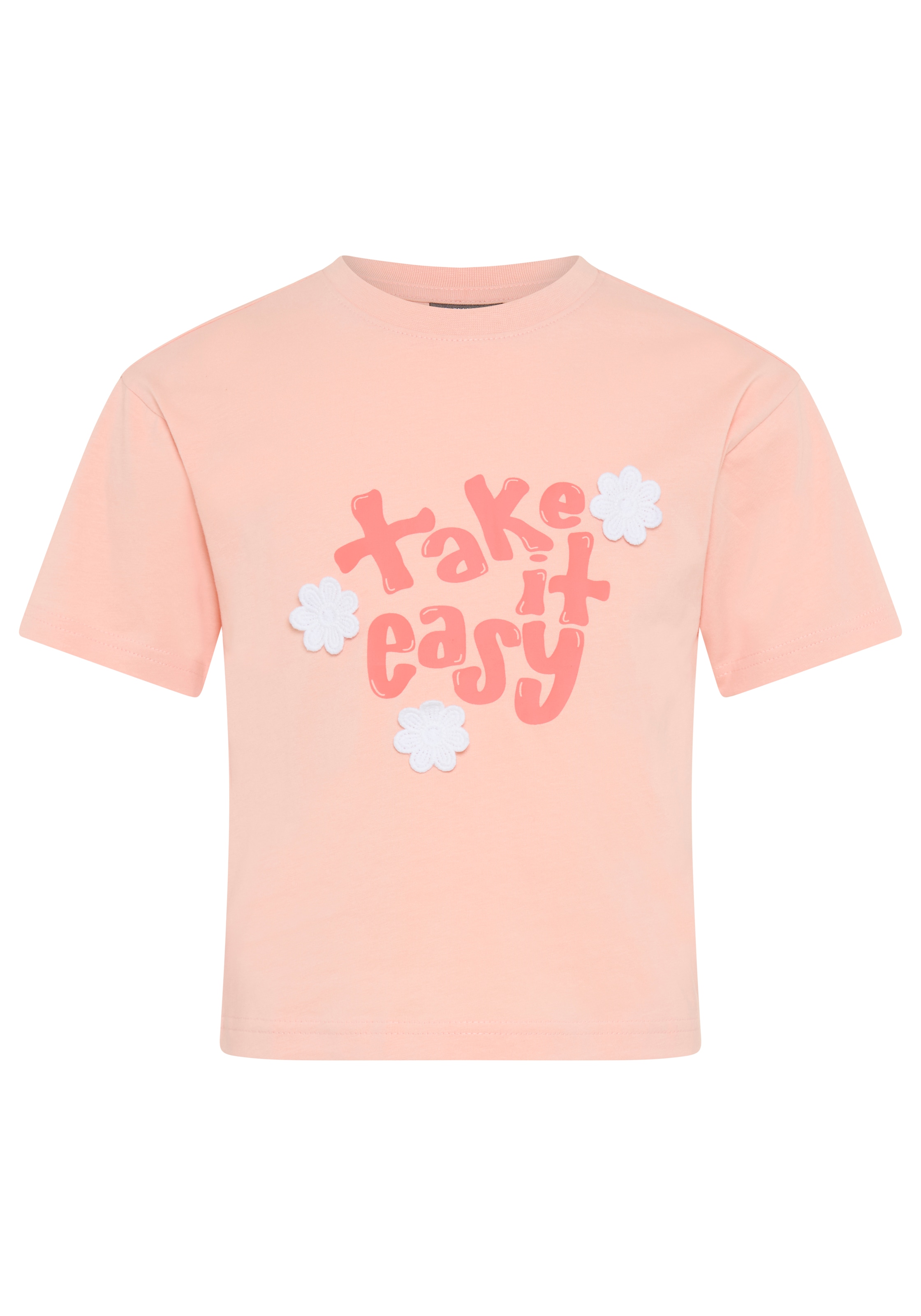 KIDSWORLD T-Shirt »mit süssen Druck und Häckelblumen« lässige Passform, Kurzarm, geblümt, mit Häkelapplikation