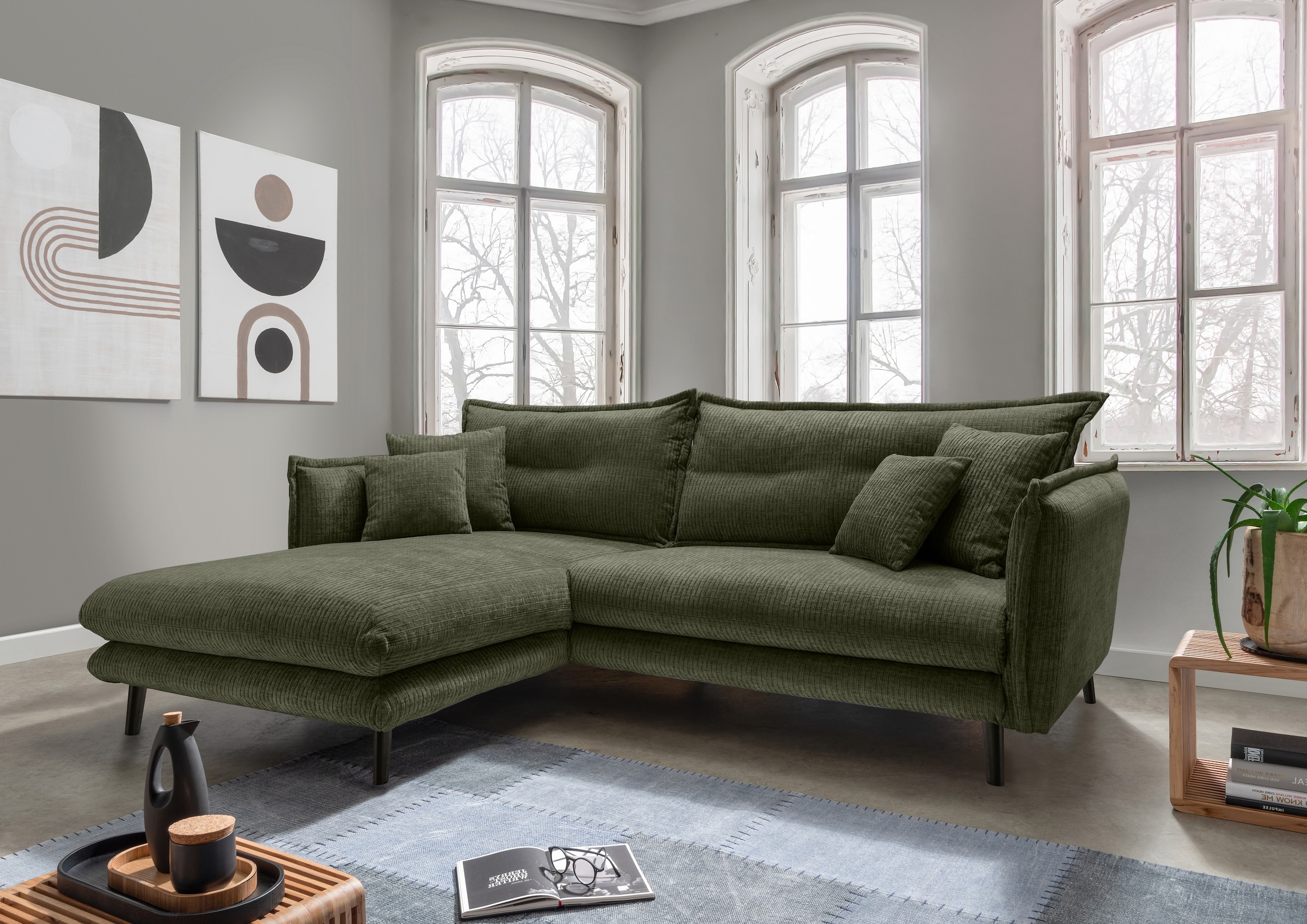 Image of Home affaire Ecksofa "Levke, aktuelles Design: Kissen Optik, Holzfuss anthrazit, bequem" Velours, Kissen: Paradiso, L-Form, inkl. Rücken- und Zierkissen