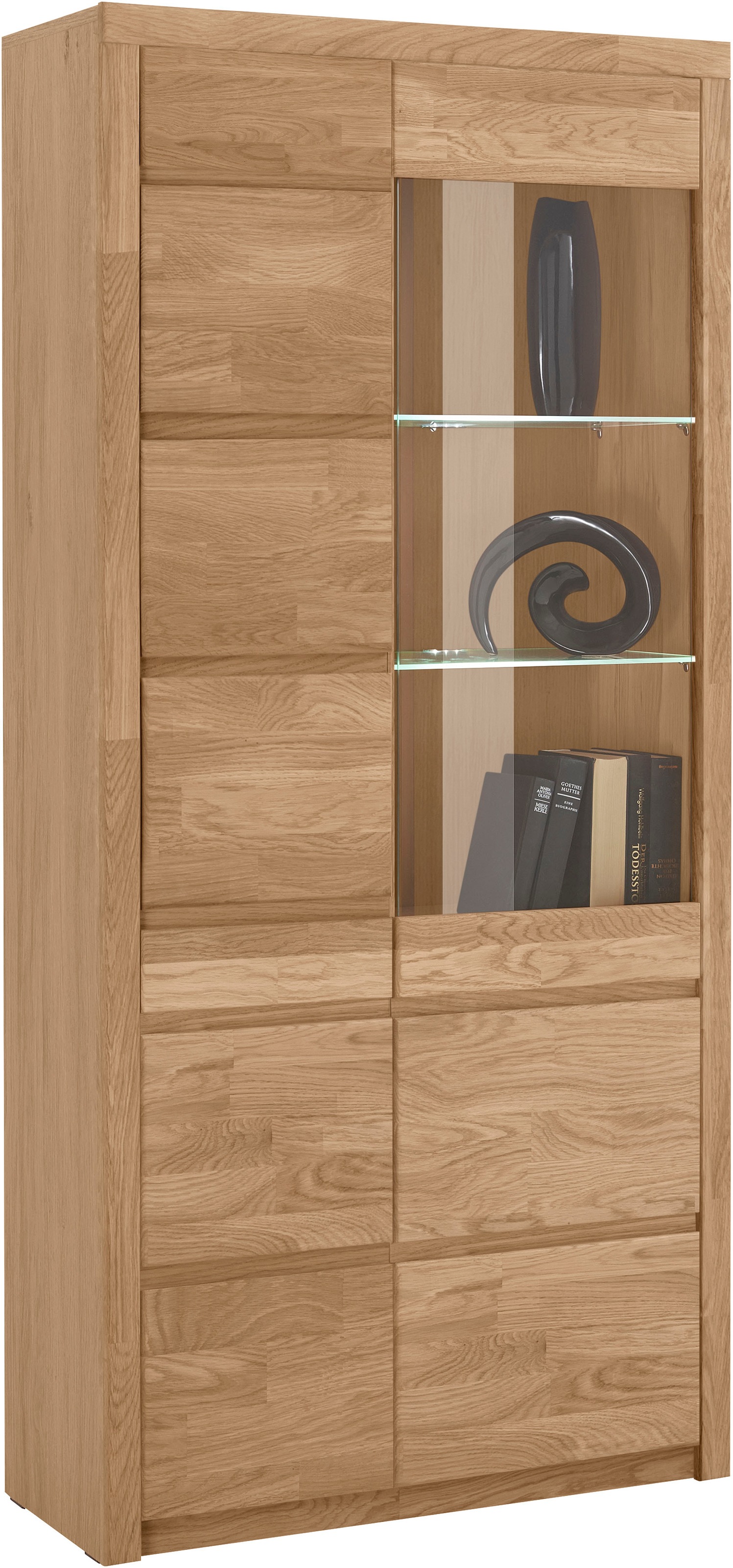 Image of GOODproduct Vitrine "SILBEKORG B/T/H: 90/35/190cm, Fronten & Leisten aus Massivholz" 10 Fächer, variable Einlegeboden aus Glas&Melamin, Korpus aus Melamin