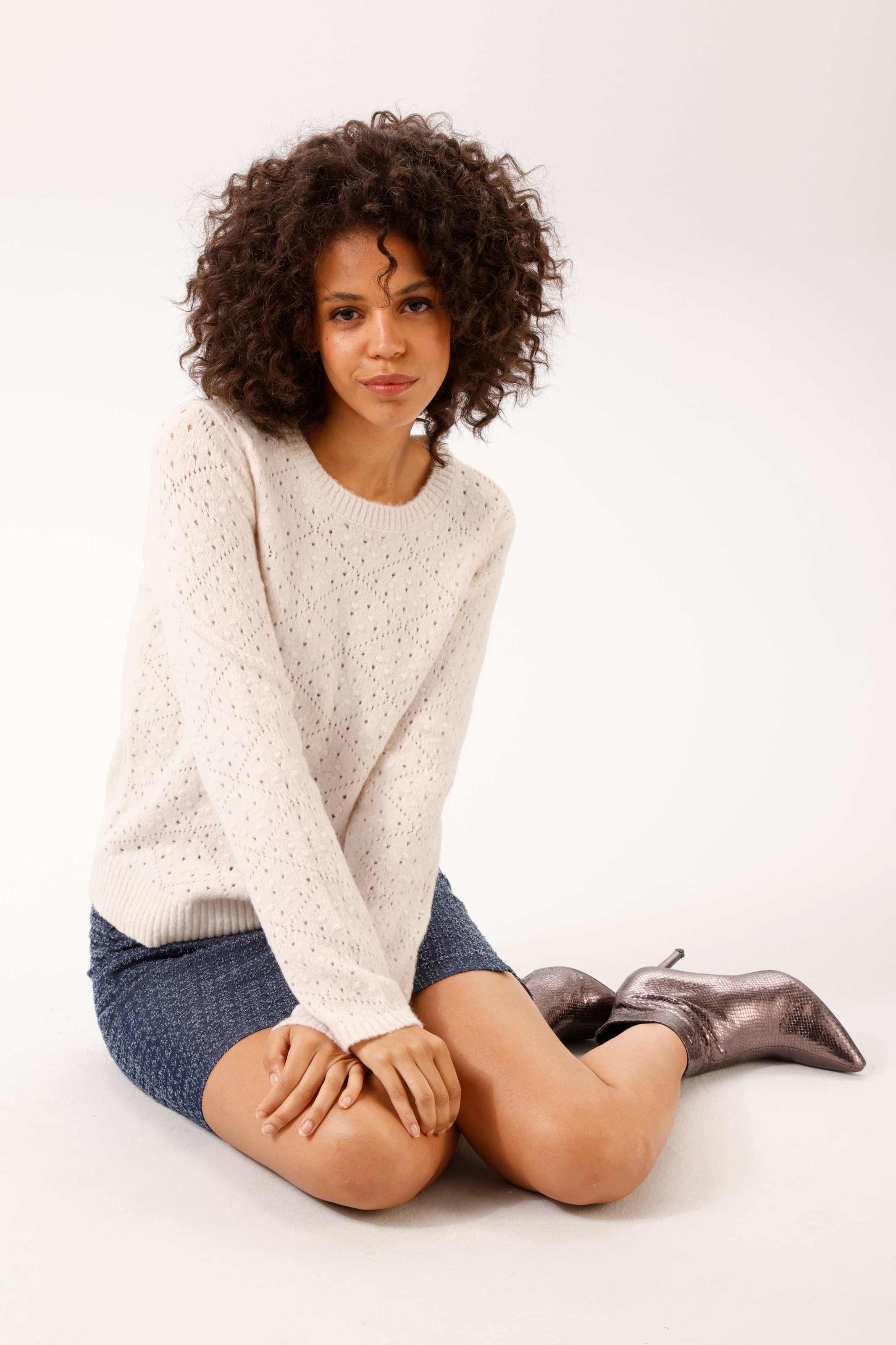 Aniston CASUAL Pull en tricot en motif ajouré avec petits carrés tricotés - NOUVELLE COLLECTION
