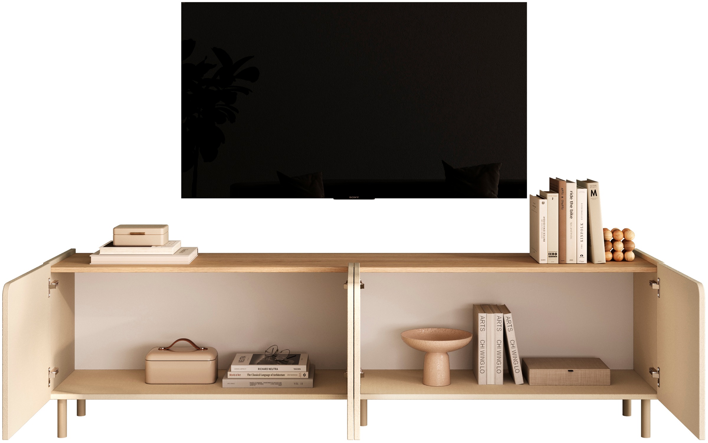 GOODproduct Table basse »Dobbiaco, 202 cm breit, 4 Türen, Mediaboard, TV-Schrank« Top intégré, pieds en métal droits, porte avec arrondi