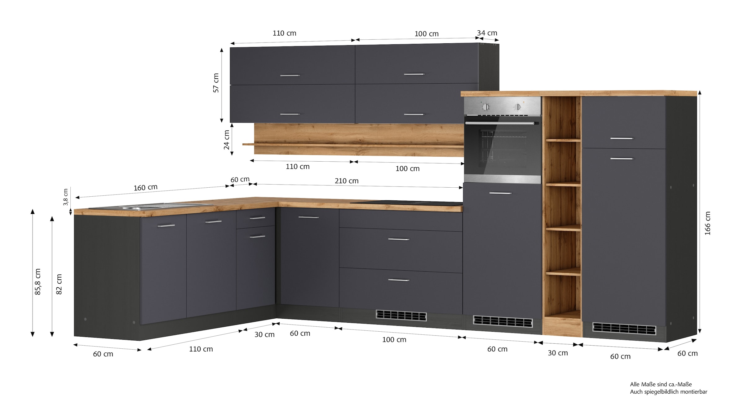 KOCHSTATION Cuisine d'angle »KS-Milan, optional mit Muldenlüfter« dimensions 360/220 cm, avec appareils électriques en option, plaque de cuisson avec hotte intégrée