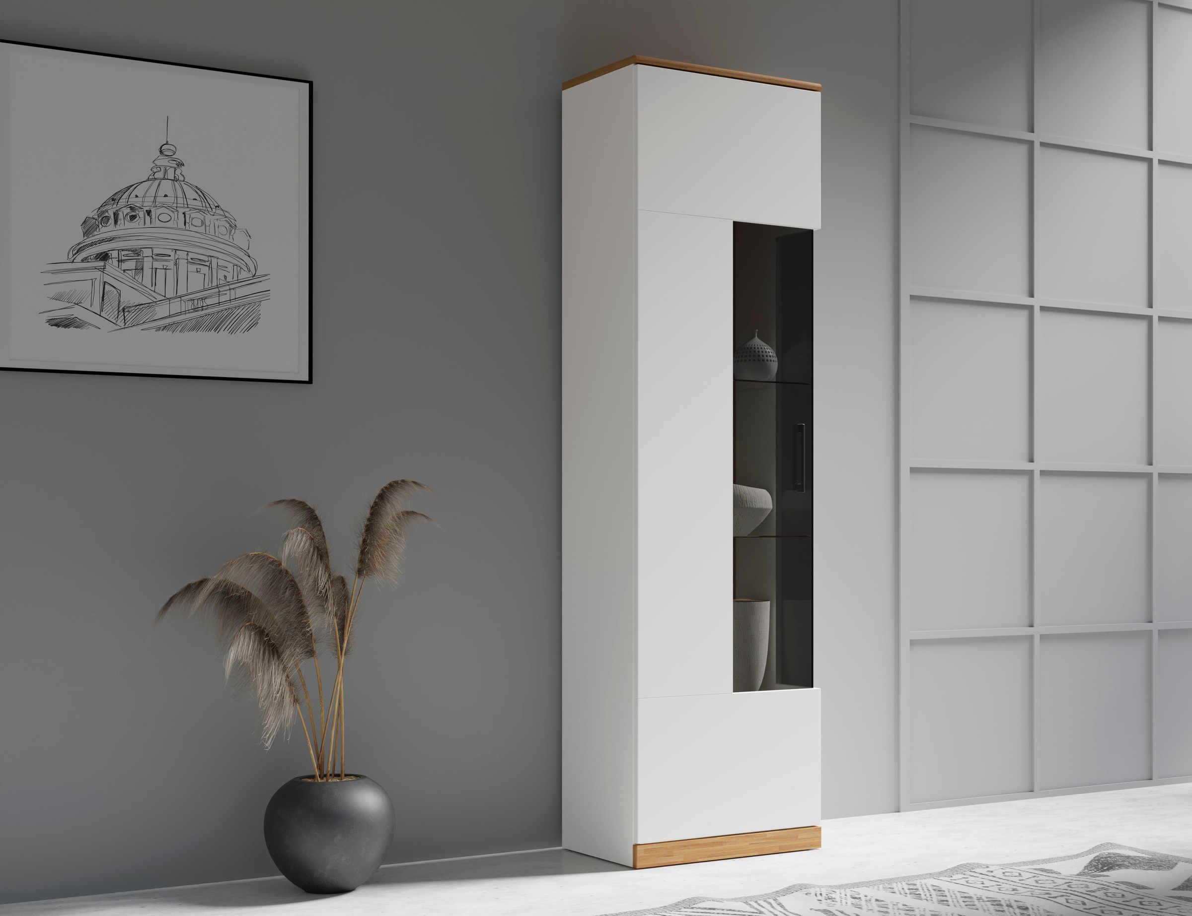 Image of GOODproduct Vitrine "Ribe,180cm hoch,5 Fächer,2 Glasböden variabel einsetzbar" Oberplatte Eiche massiv,dunkles Glas, schwarze Metall Griffe