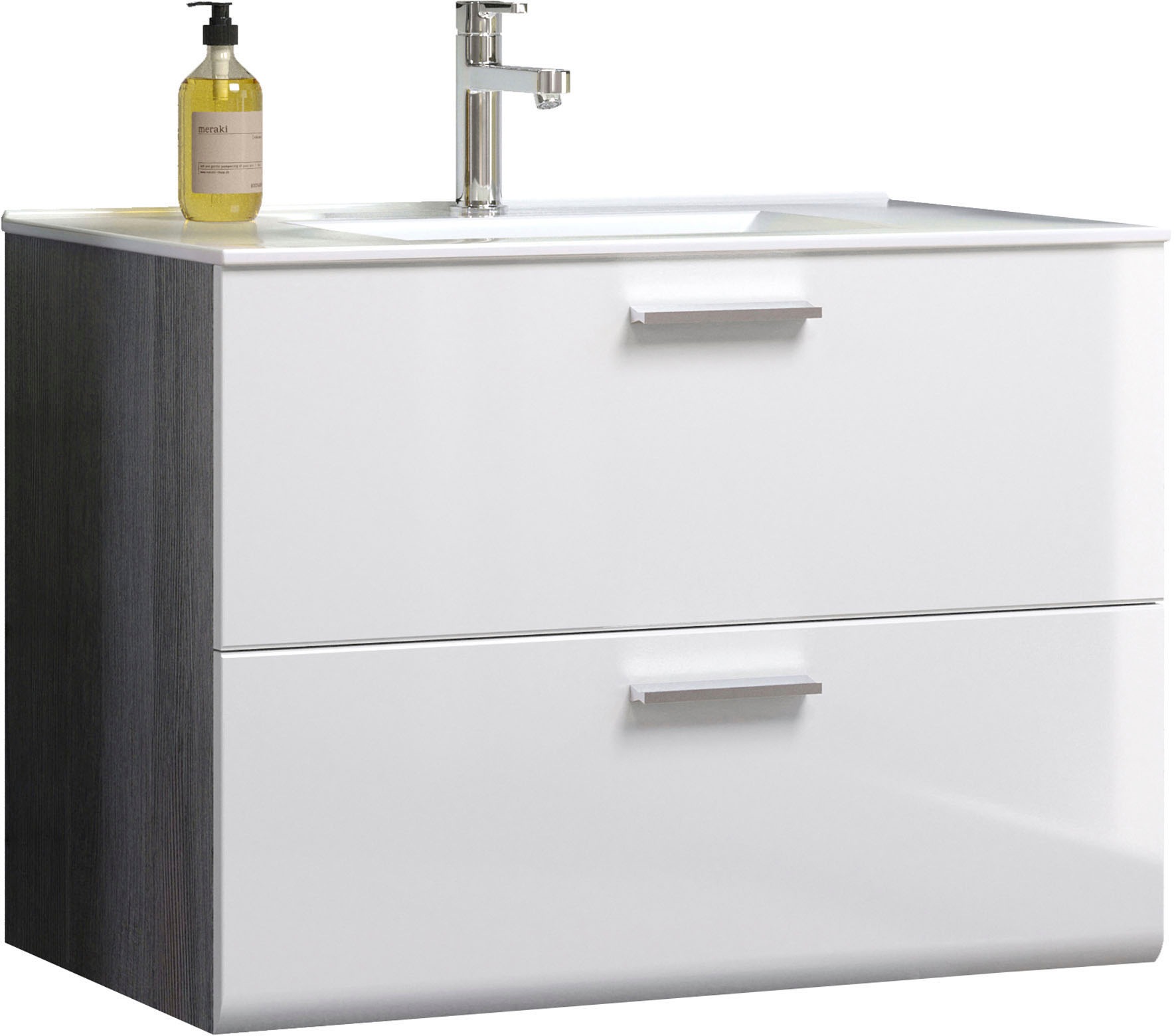 welltime Badmöbel-Set »Ravenna«, (3 St.), Hochschrank, Waschtisch, Spiegelschrank mit Wäschekorb und Waschbecken
