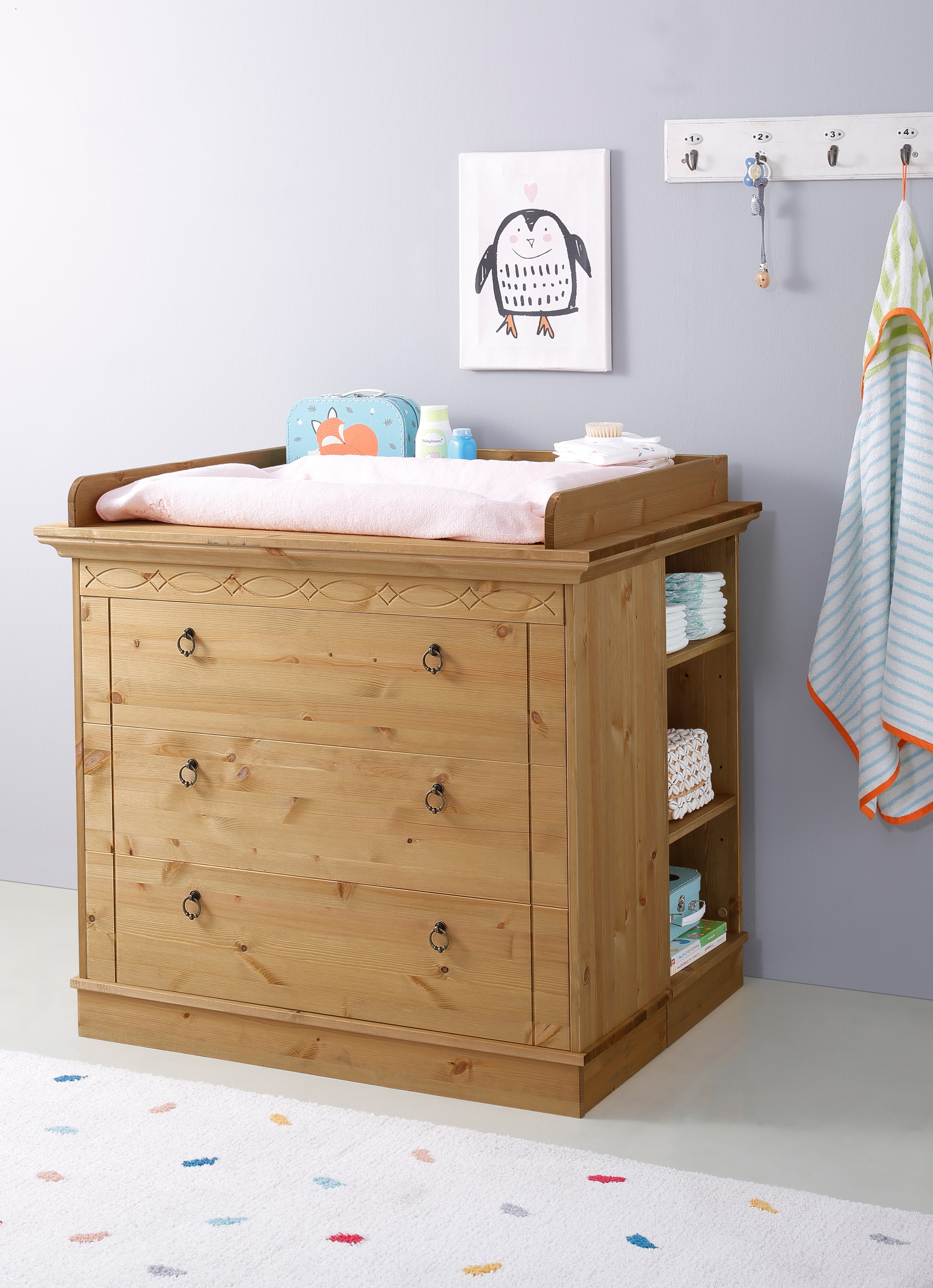 Image of GOODproduct Wickelkommode "Indra, Landhausstil, viel Stauraum" FSC zertifiziertes Massivholz, inklusive Unterbauregal und Aufsatz 100 cm