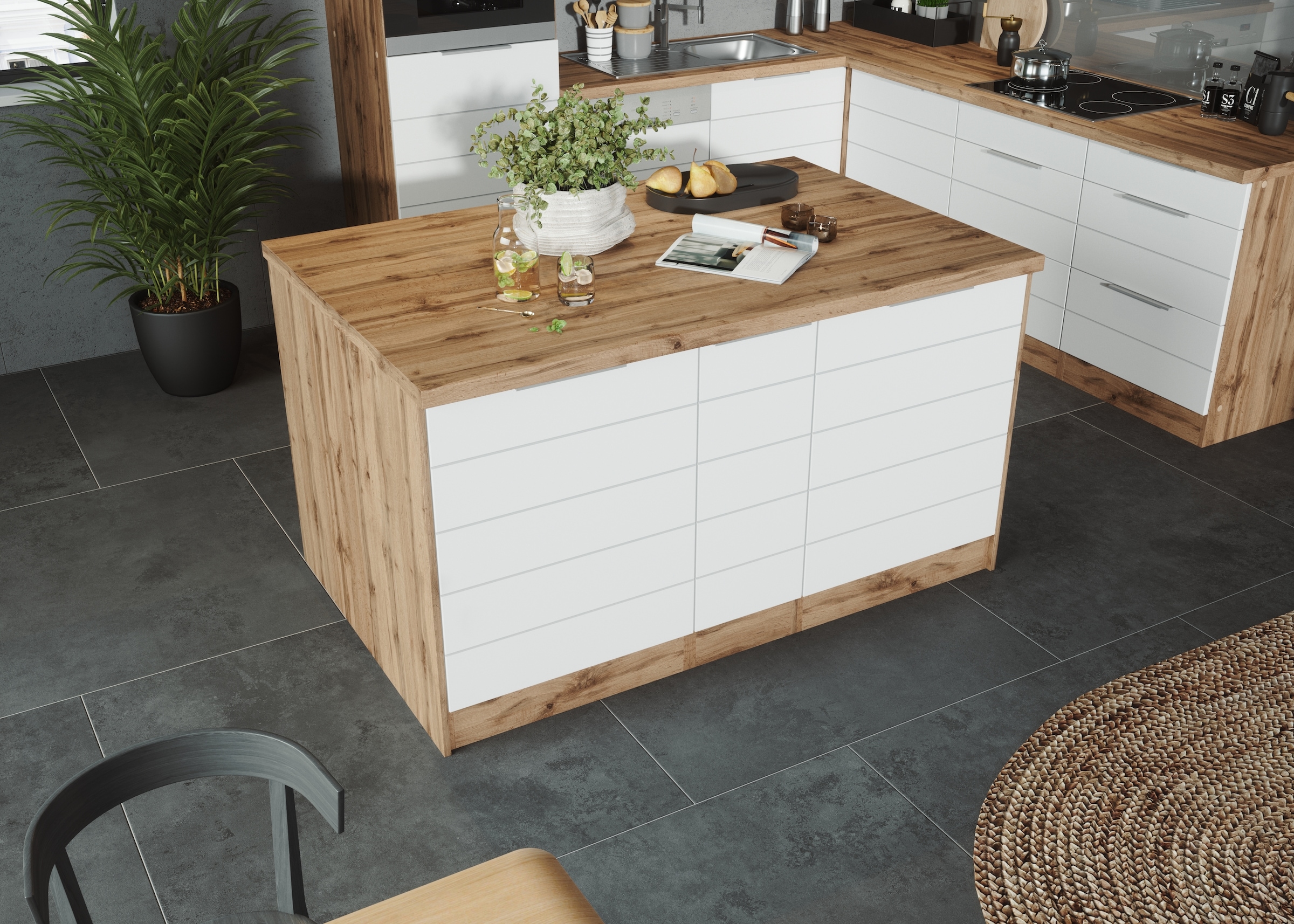 KOCHSTATION Kücheninsel »KS-Luhe, Breite 153 cm, mit Flaschenregal« MDF-Fronten, Arbeitsplatte 38mm stark