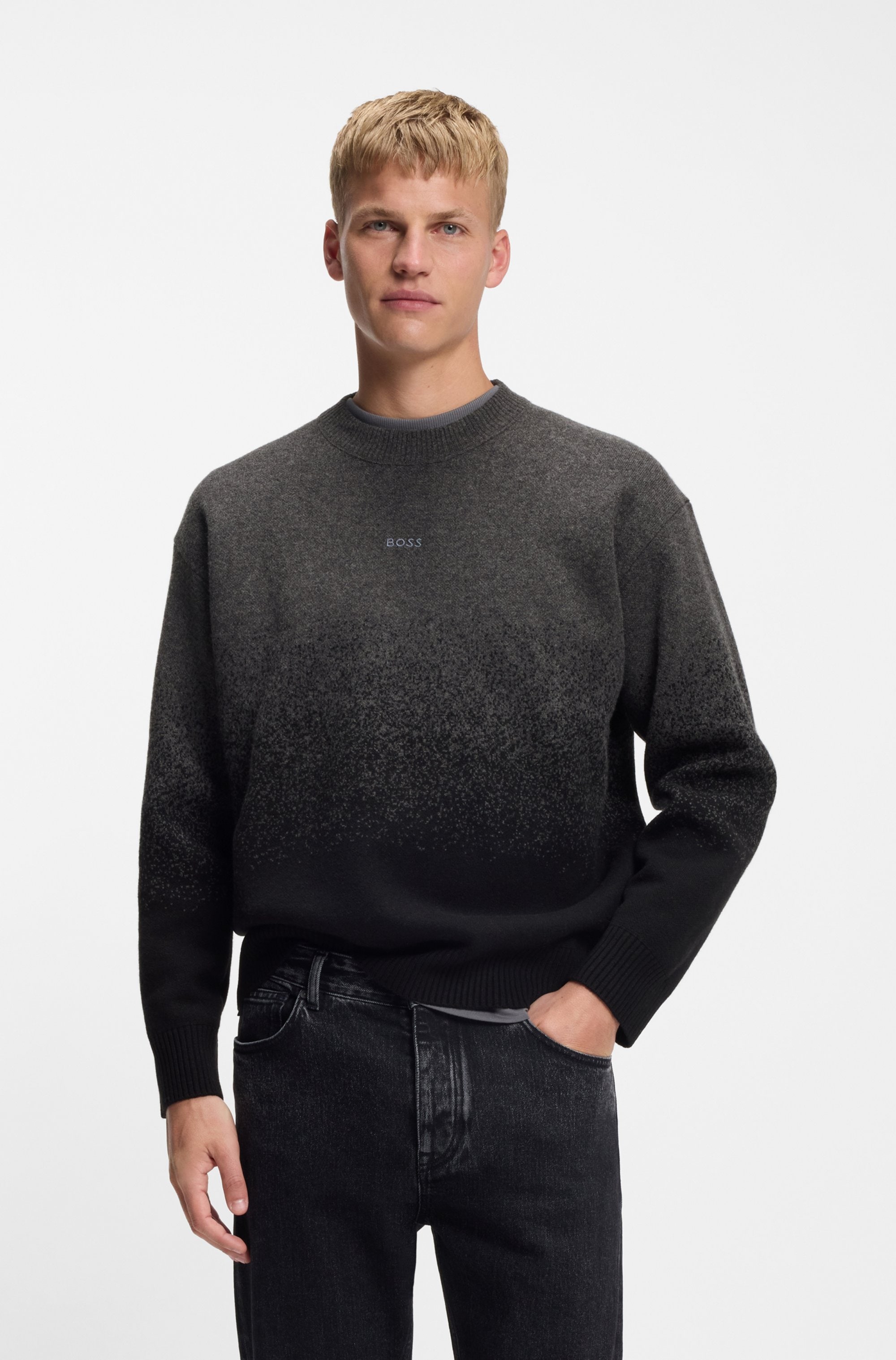 Image of BOSS ORANGE Jacquardpullover "Kalbrush" Rundhalsausschnitt, Relaxed Fit, Jacquard-Strick mit Farbverlauf