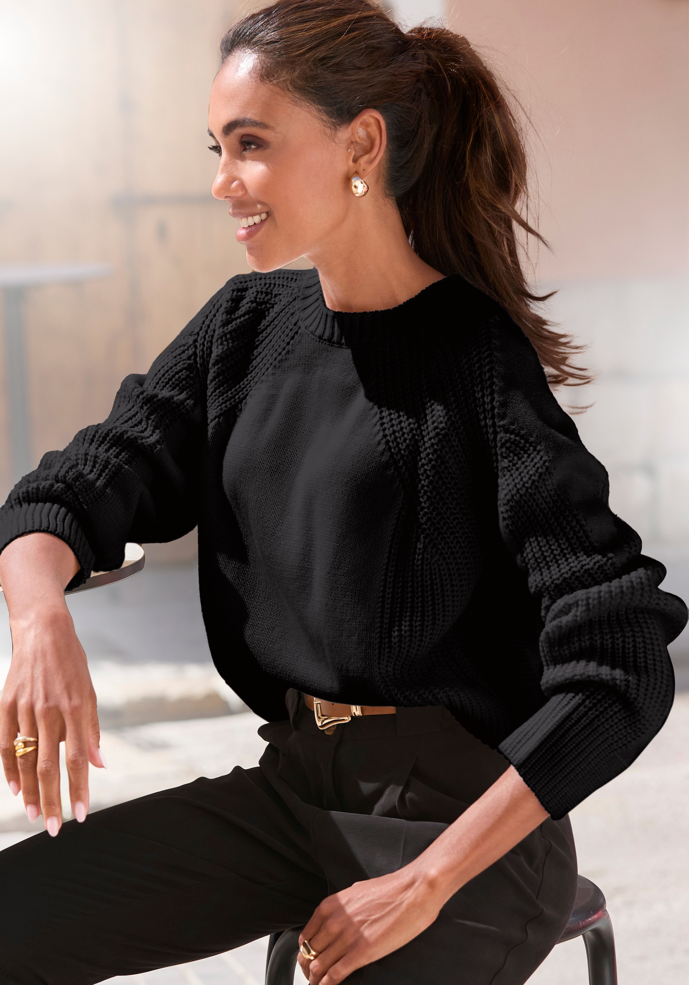 Image of LASCANA Strickpullover mit Grobstrick-Details, Damen Pullover mit Rundhals