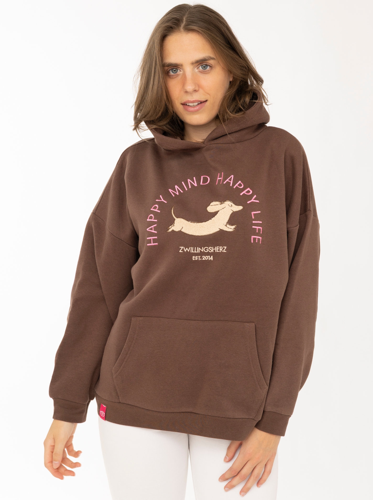 Image of Zwillingsherz Hoodie ""DOG LOVE"", Dackelmotiv, Oversized Fit, Kängurutasche, Kapuze