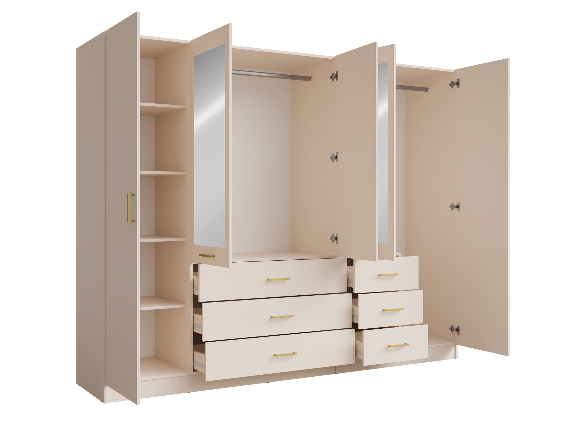 Home affaire Armoires à vêtements »KOS Garderobe mit 6 Schubladen, Kleiderstange, 5 Einlegeböden, Spiegel« Kleiderschrank mit 5 Türen, goldenen Griffen, Masse B/H/T 250/200/58 cm