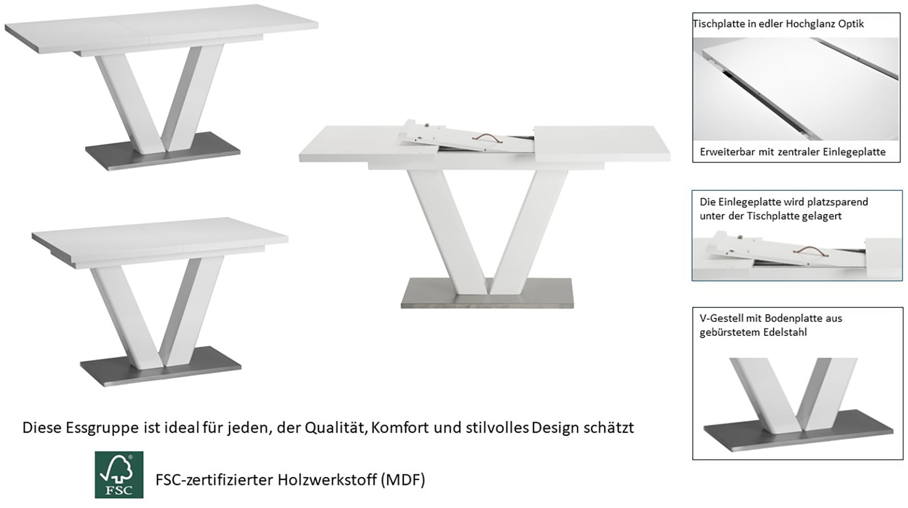 GOODproduct Ensemble de salle à manger »Elbach, TOPSELLER!, OTTOs Choice« Set, 5 cuis tlg. ausziehbar 120-160 cm, Hochglanz, Tischgruppe Freischwinger
