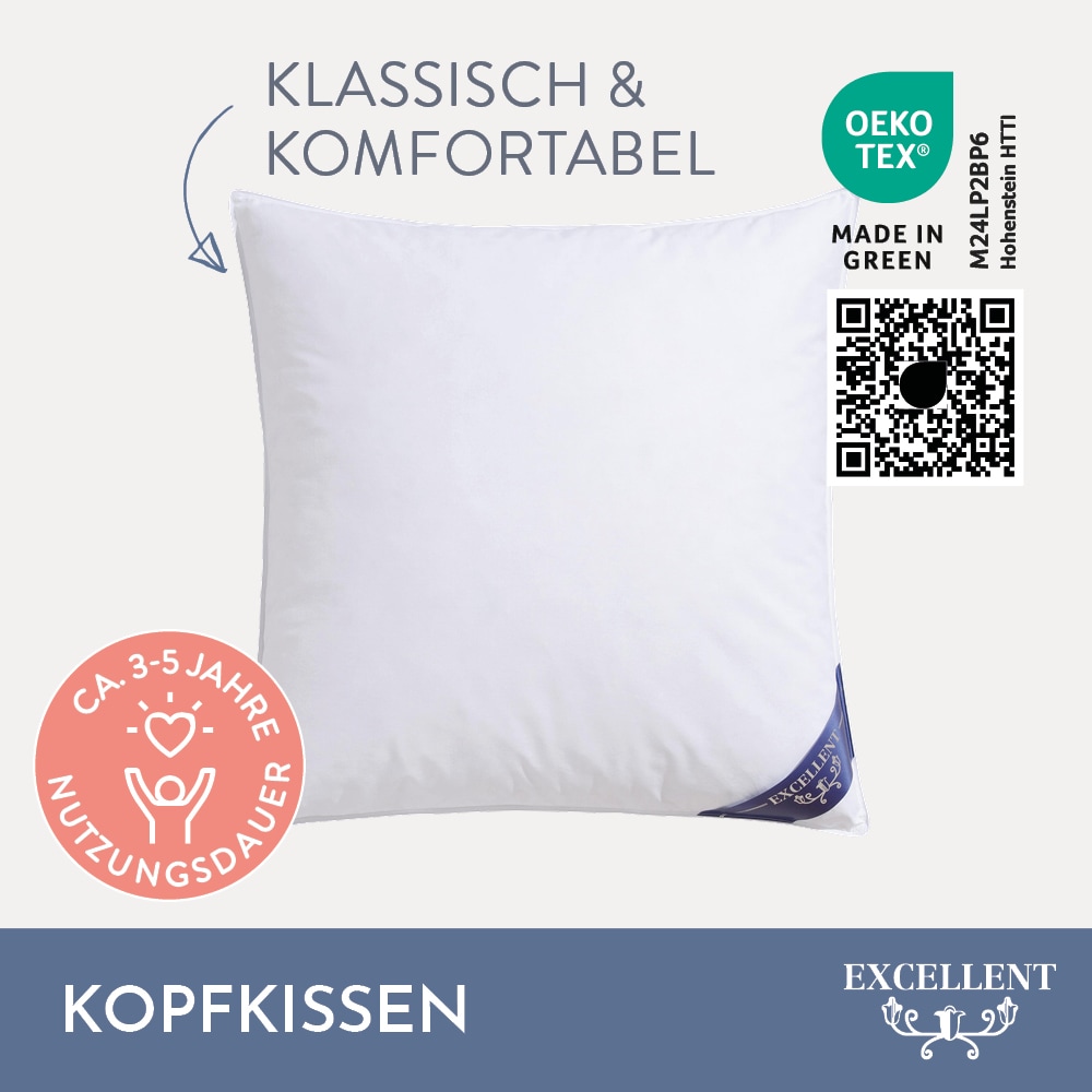 Excellent Kopfkissen »Venedig«, Füllung: weisse neue Federn und Daunen, Klasse I, 85% Federn / 15% Daunen, Bezug: Köper-Inlett, 100% Baumwolle, (Spar-Set, 2 St., 2 Kopfkissen), Kopfkissen 40x40, 40x80, 80x80, allergiker geeignet (Hausstaub)