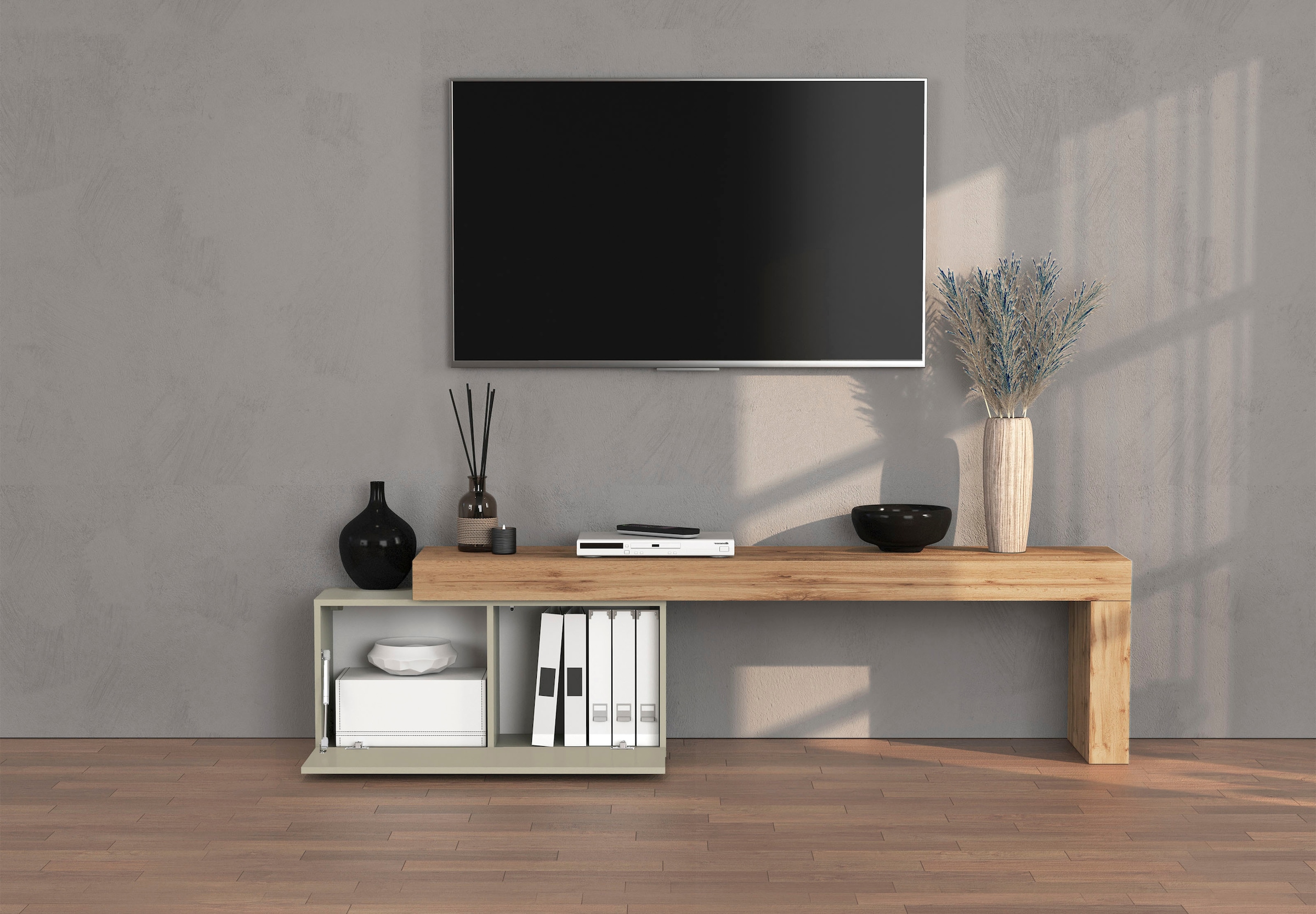 GOODproduct Table basse »Chronos TV-Board, TV-Schrank« Breite verstellbar von 180 bis 260 cm, 1 cuis tlg. Breite 220 cm TV-Board,Lowboard,1 Klappe und ein L-Förmiger Aufsatz