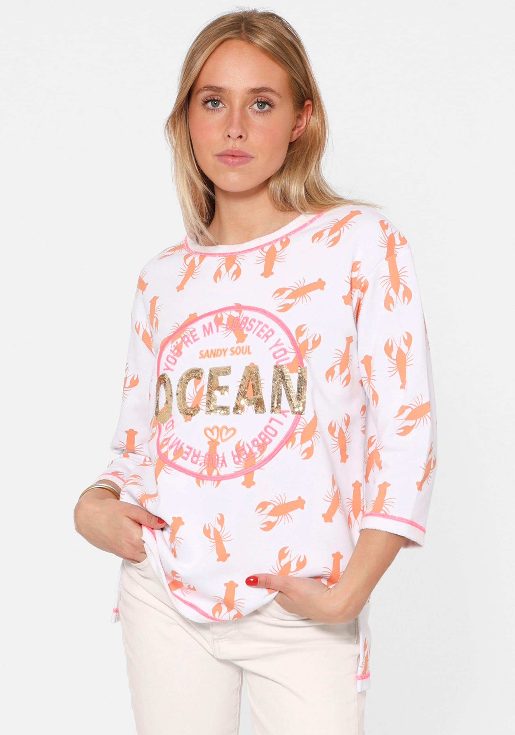 Image of Zwillingsherz Longsleeve "Shirt "Ocean Sandy Soul"" 3/4-Arm, Pailletten, Kontrastnähte, Schriftzüge, Rundhalsausschnitt
