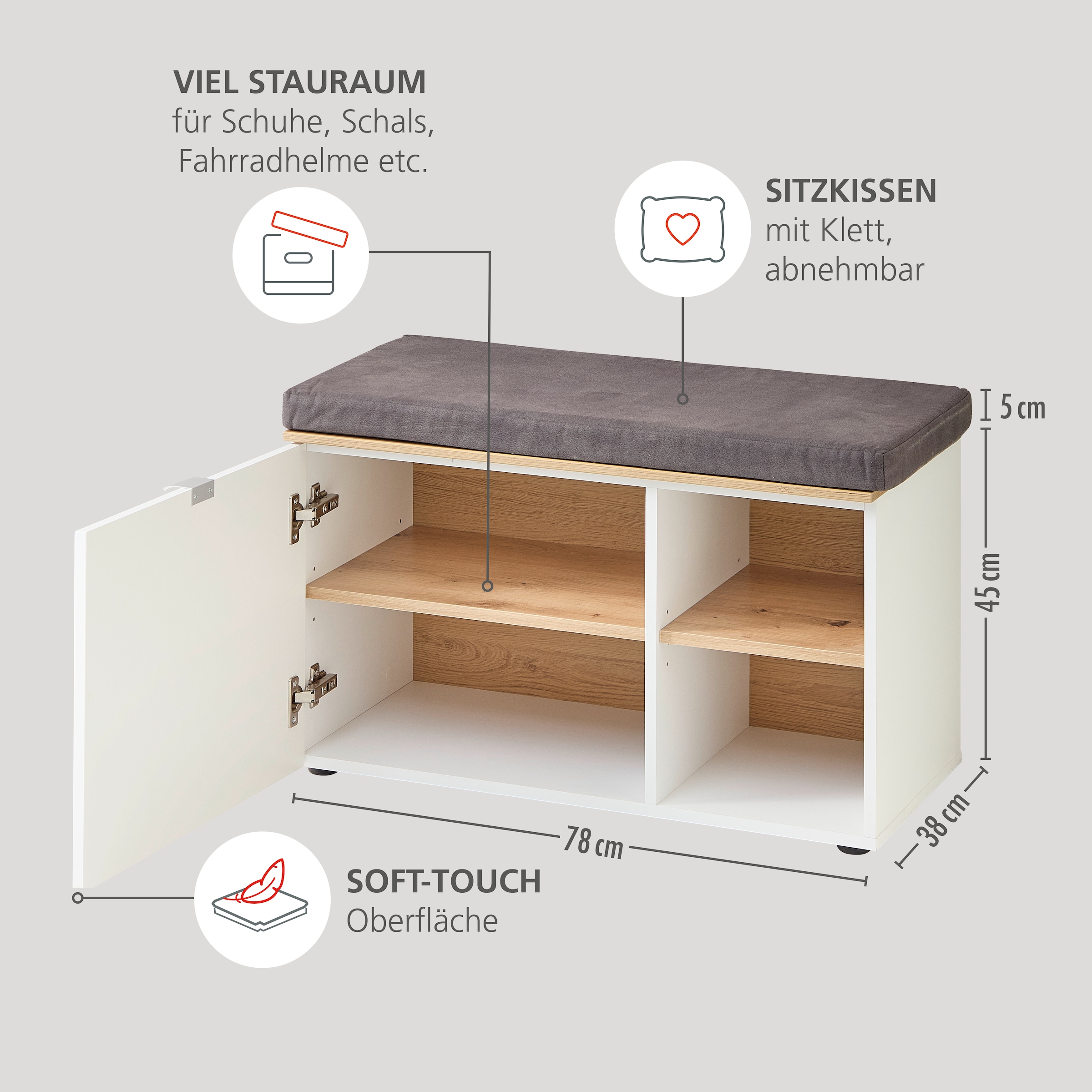 Innostyle Schuhschrank »Bari Schuhbank inkl. Sitzkissen, BxHxT 78x50x38 cm« 1 Stk. tlg. 1 türig, 4 Fächer, Softclose, ABS Kantenschutz