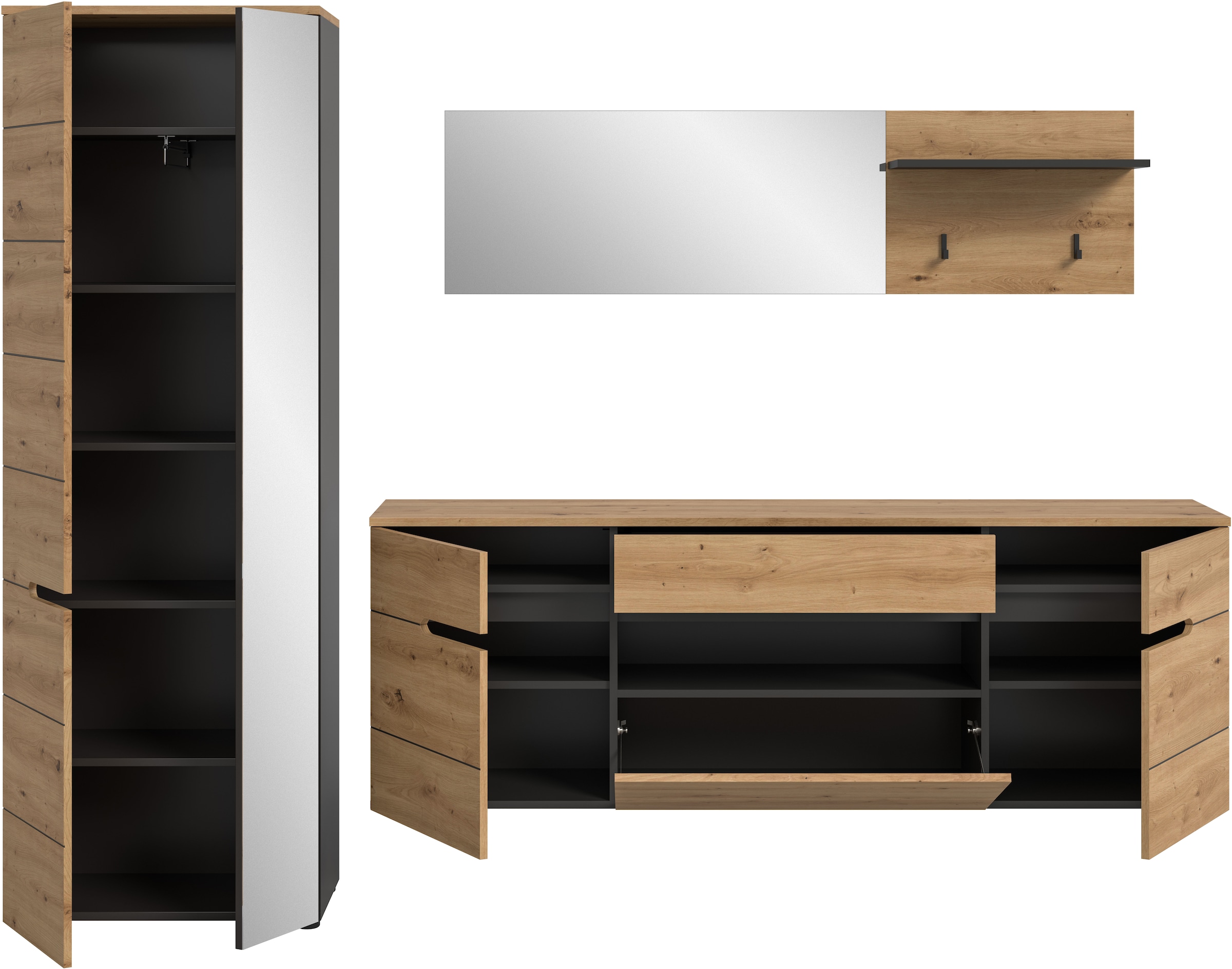 Home affaire Garderoben-Set »REHAT, TOPSELLER!, 3-teilig, Breite 256 cm, individuell stellbar« Set, best. aus: Garderobenschrank, Hängeschrank & Garderobenpaneel, 3 Stk. tlg.
