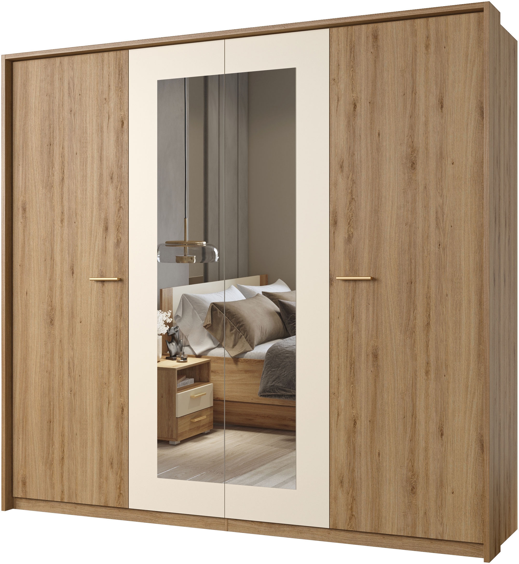 Home affaire Schlafzimmer-Set »Bitry,Set 4-St(Bett 180 cm, 2xNako, Drehtürenschrank)« Komplettschlafzimmer, viel Stauraum, fühlbare Struktur, Holzoptik