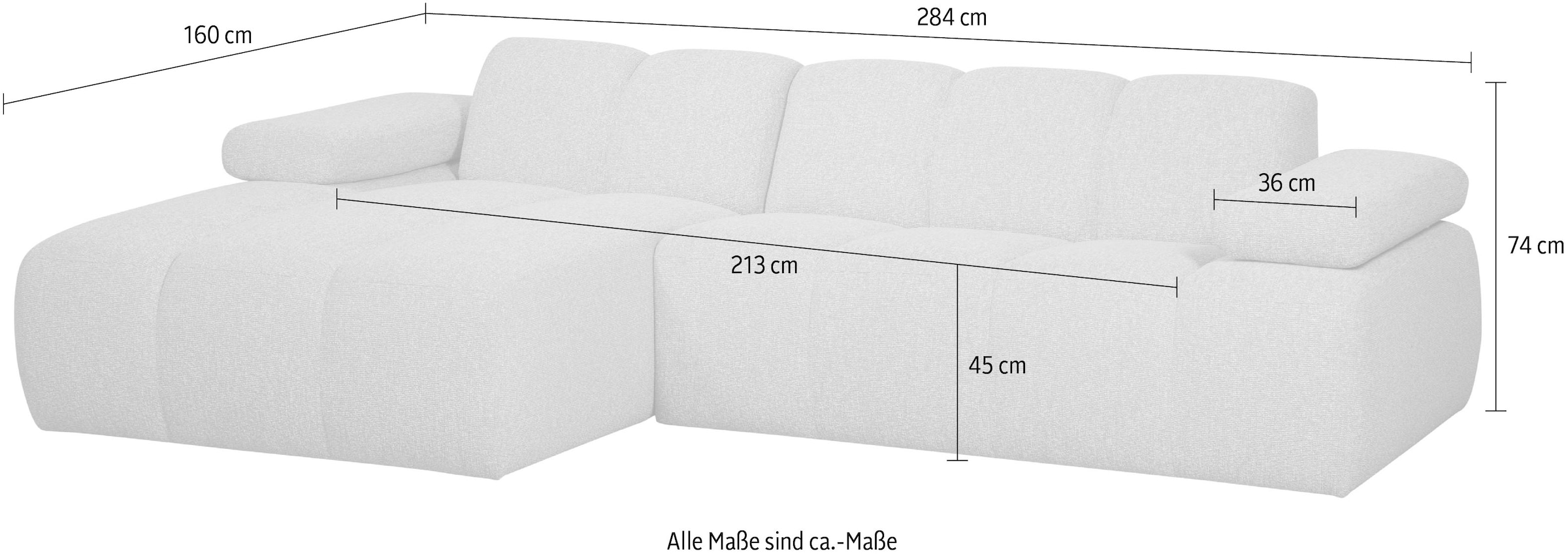 WOOOD Chaiselongue »Mojo Bouclé-Bezug mit verstellbarer Armlehne, H 74 x B 284 x T 160 cm« Tragkraft 360 kg, Maximale Verschleissfestigkeit, Pfleiglicht