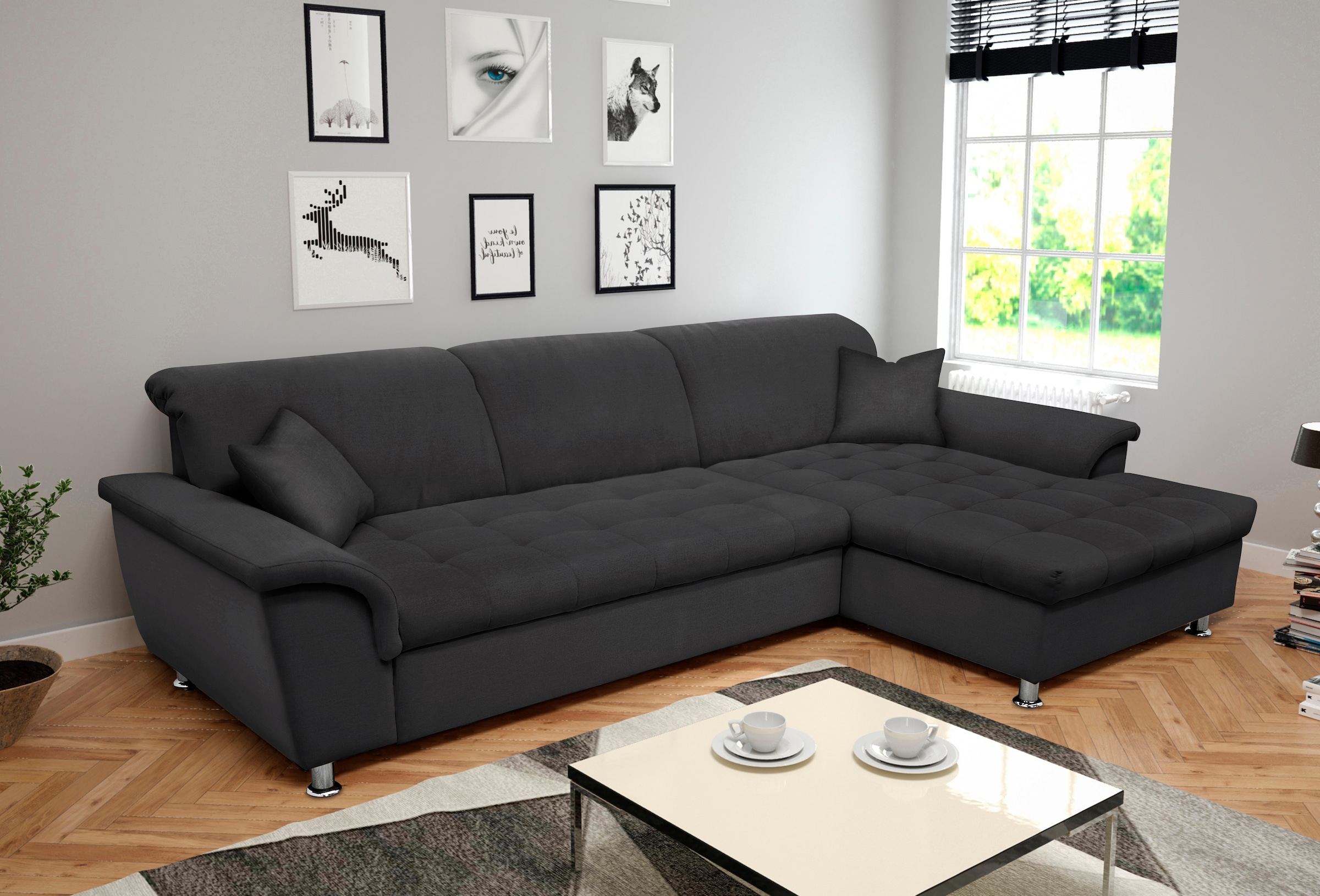 Image of DOMO collection Ecksofa "FRANZI 278x170x81 cm, Steppung im Sitzbereich, L-Form" mit Kopfteilverstellung, Flachgewebe, graphite
