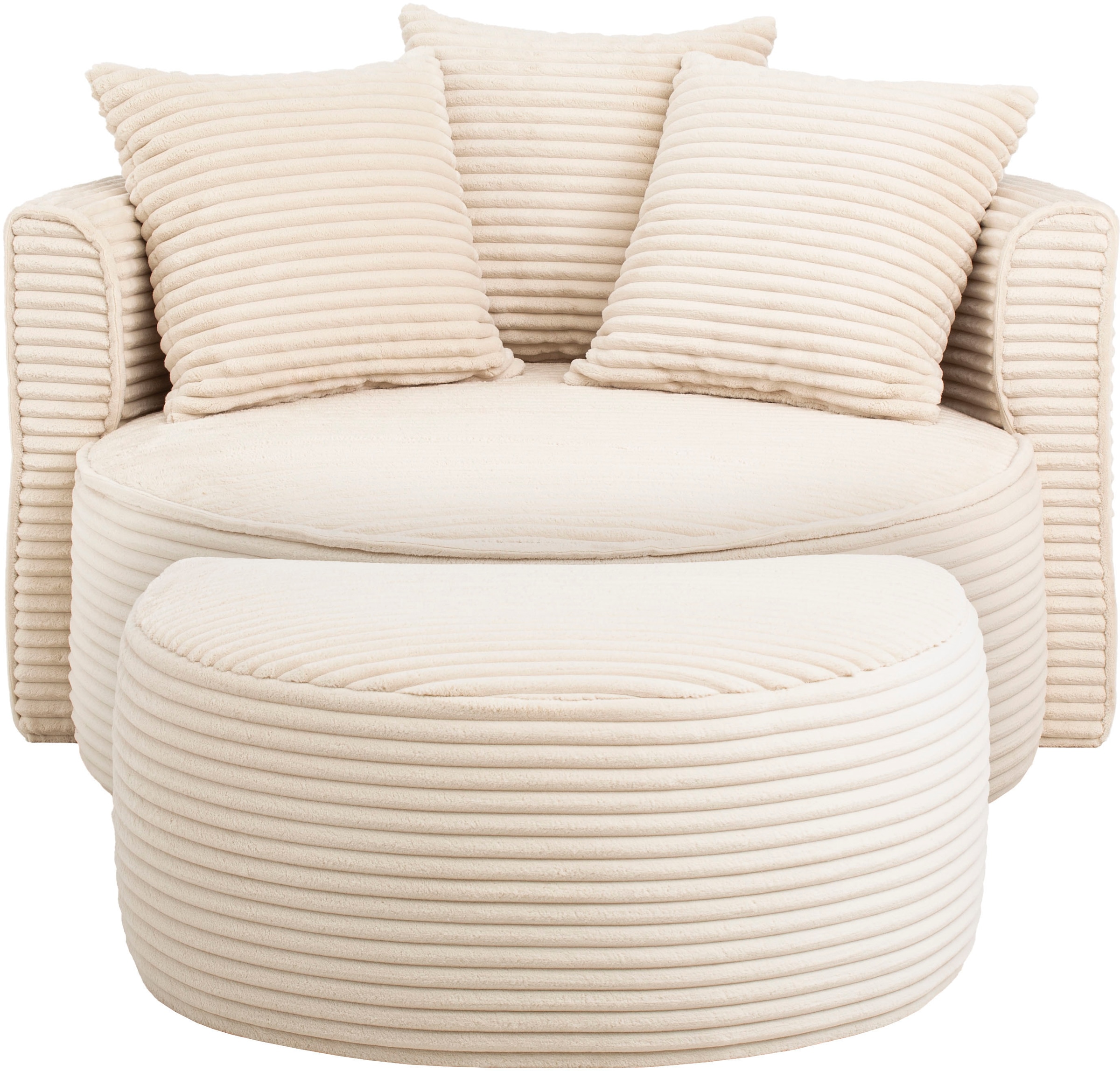 LeGer Home by Lena Gercke XXL-Sessel »Isalie, Rundsessel mit Hocker, Lesesessel, Loveseat, Big-Sessel«, (Set), trendige Stoffe, mit 3 Zierkissen, grosse Sitzfläche