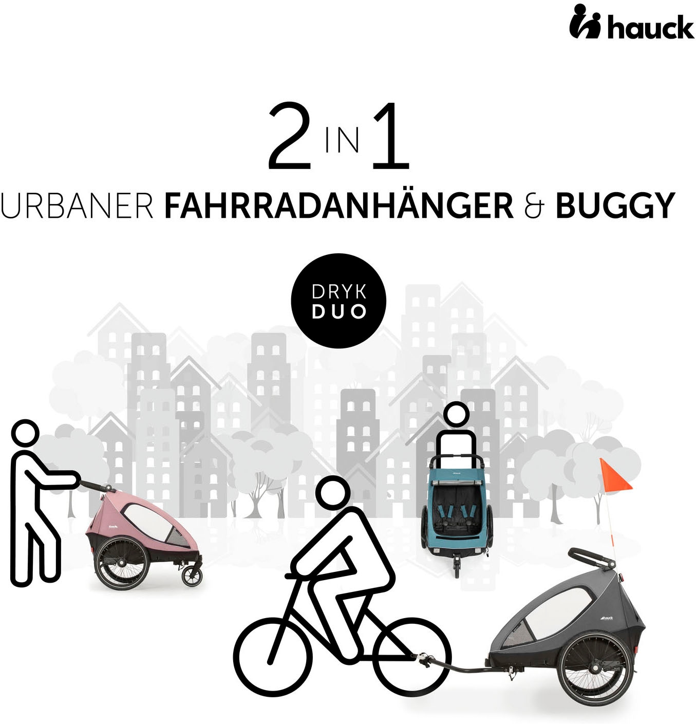 Hauck Fahrradkinderanhänger »2in1 Bike Trailer und Buggy Dryk Duo, melange grey« für 2 Kinder; inklusive Deichsel