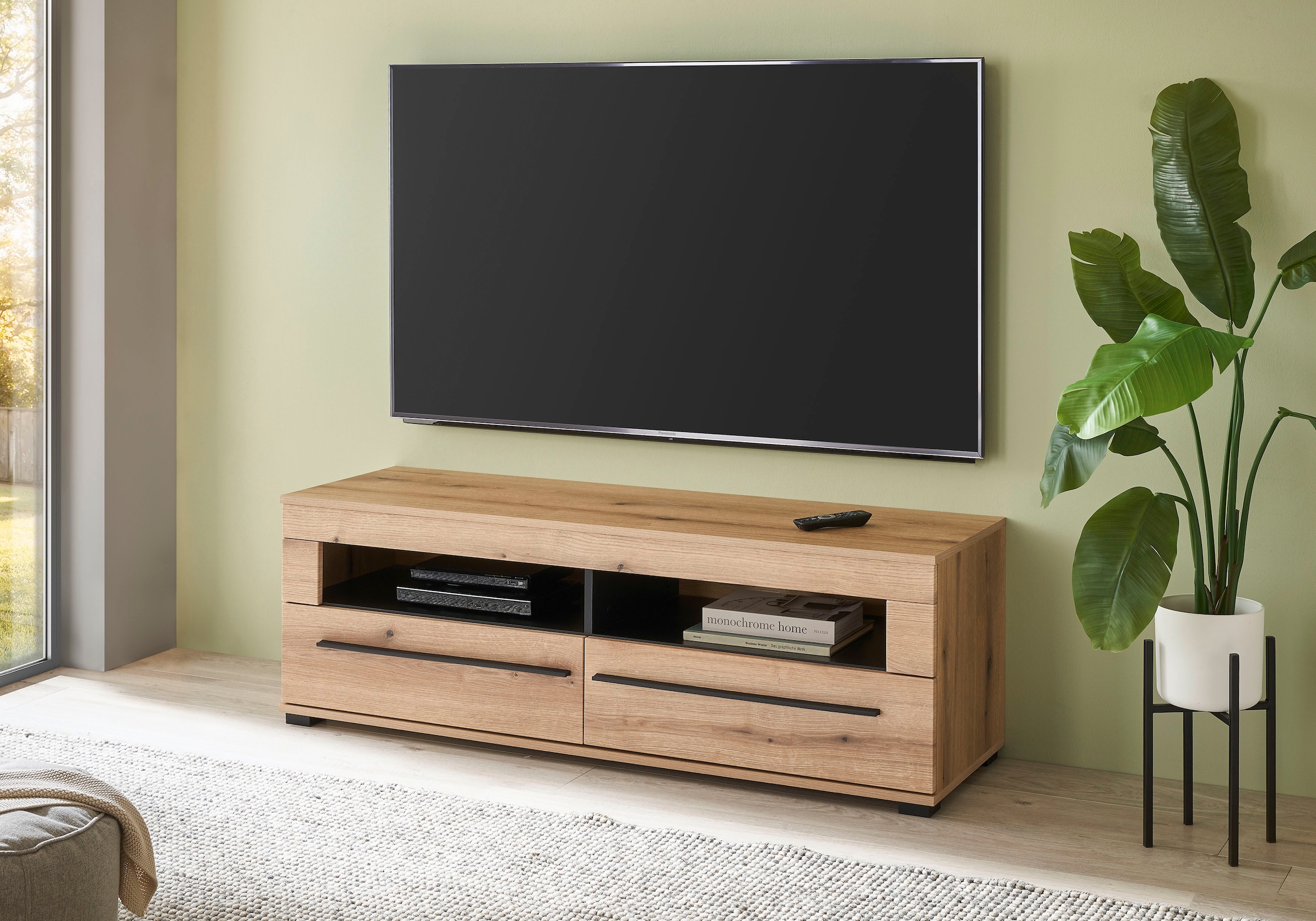 INOSIGN Wohnwand »Cantara, moderne Anbauwand, Wohnzimmer-Set, in Eiche Evoke oder Weiss«, (Set), enthält zwei Vitrinen, ein Lowboard und ein Wandboard