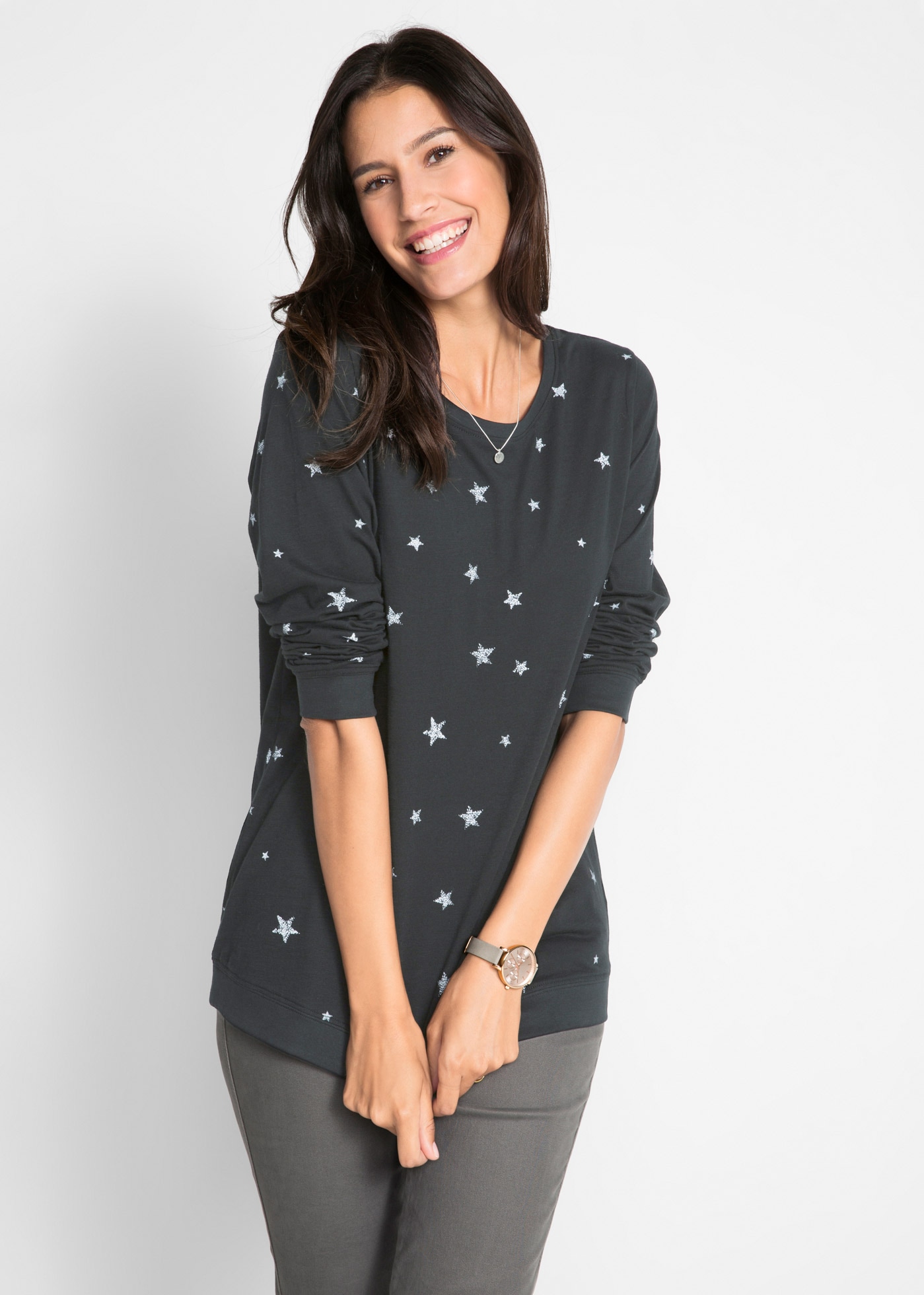 Image of bonprix Langarmshirt figurumspielende Passform, mit Rundhalsausschnitt, aus Baumwolle
