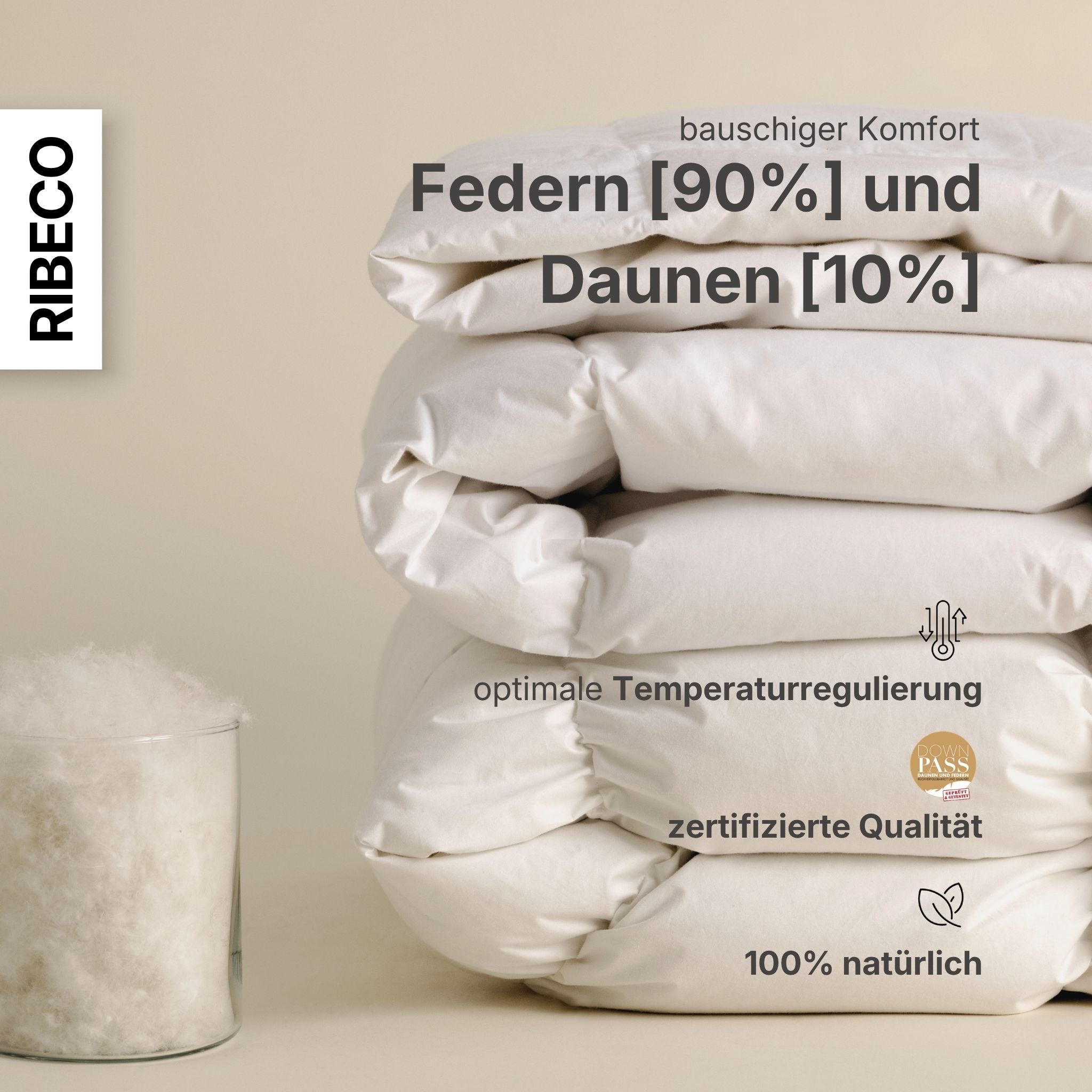 RIBECO Couette en plumes »Laram, Bettdecken für Sommer oder Winter, Made in Germany« léger Füllung 90 % plumes, 10 % duvet 1 cuis tlg. Excellent rapport qualité-prix, couette 135x200 cm ou 155x220 cm, couverture
