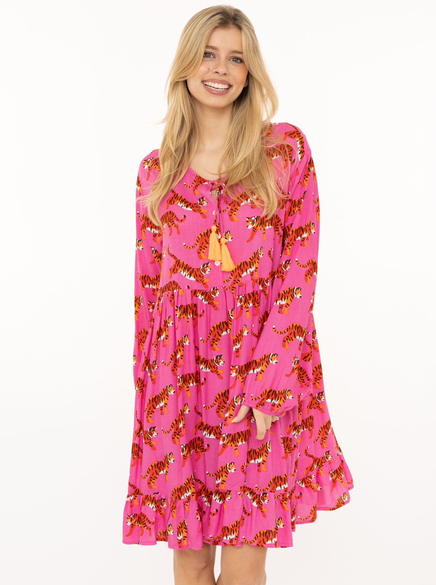 Image of Zwillingsherz Sommerkleid ""Trendy Tiger"" Ohne Taschen Tigermotiv, mit Tassel lange Ärmel, figurumspielend