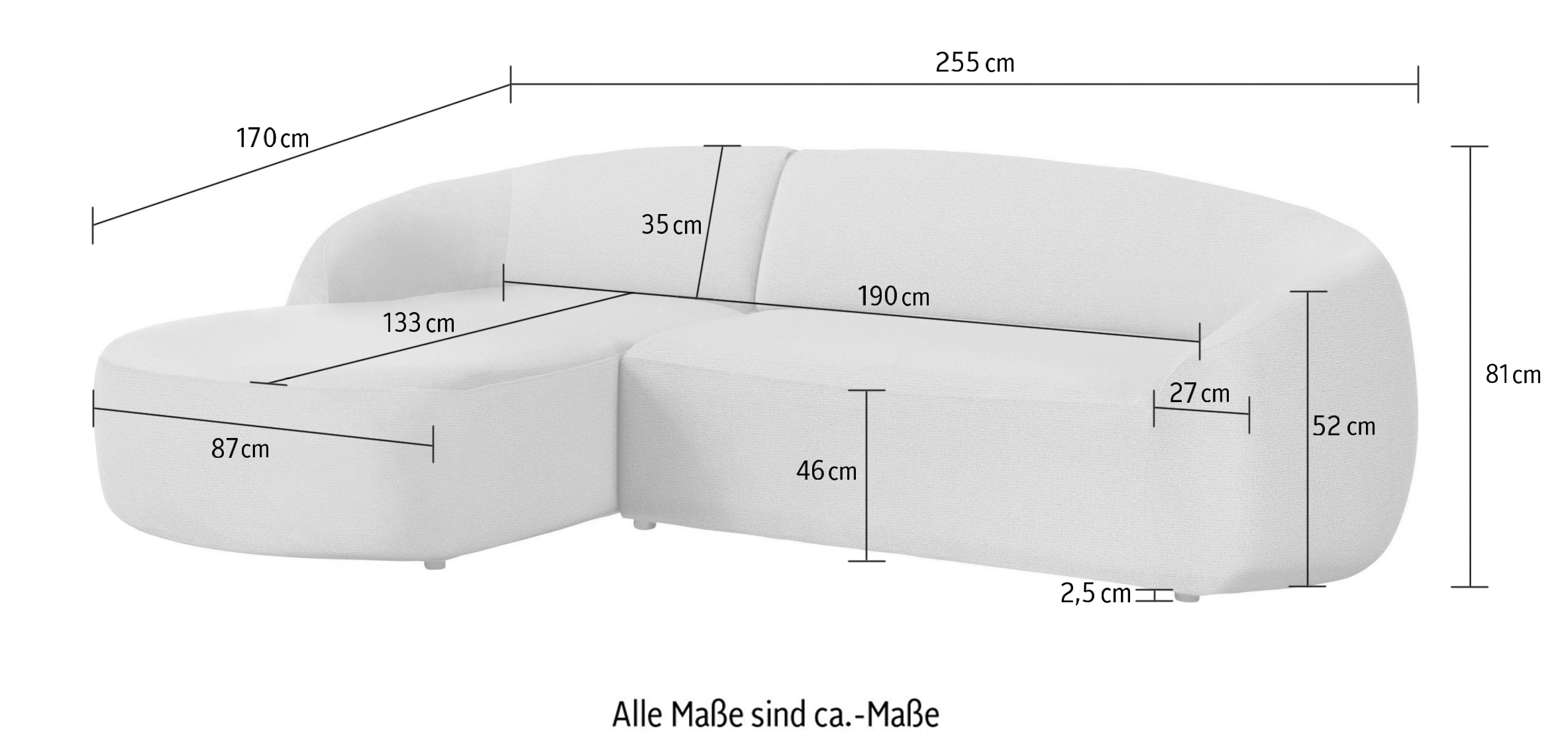 LeGer Home by Lena Gercke Ecksofa »YANI, L-Form, Designersofa, organische Form, Masse B/T/H: 255/170/81 cm« L-Form, Designersofa, organische Form, Masse B/T/H: 255/170/81 cm