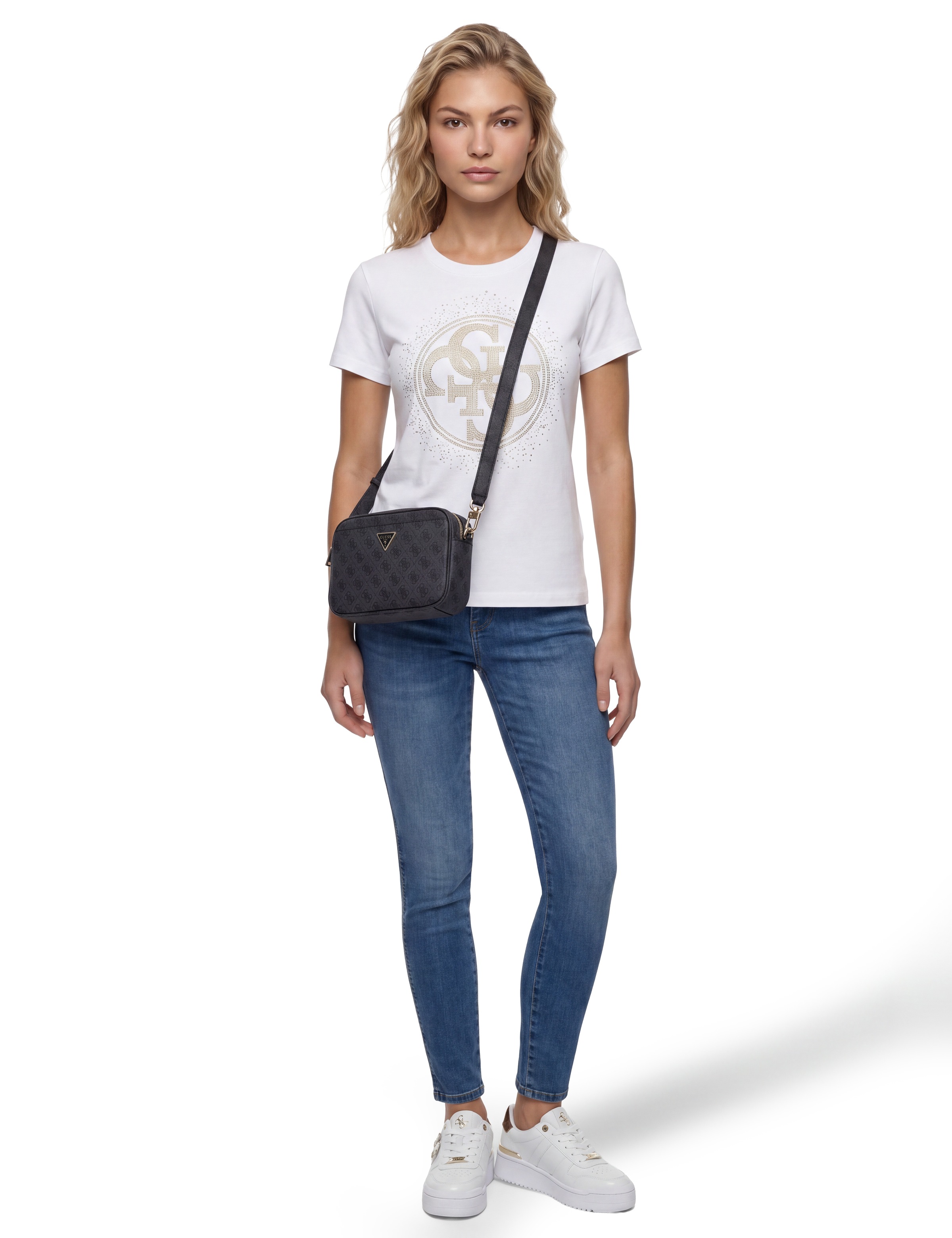 Guess T-Shirt »CN 4G ROUND CRYSTALS LOGO« mit markantem Logodesign, Regular Fit