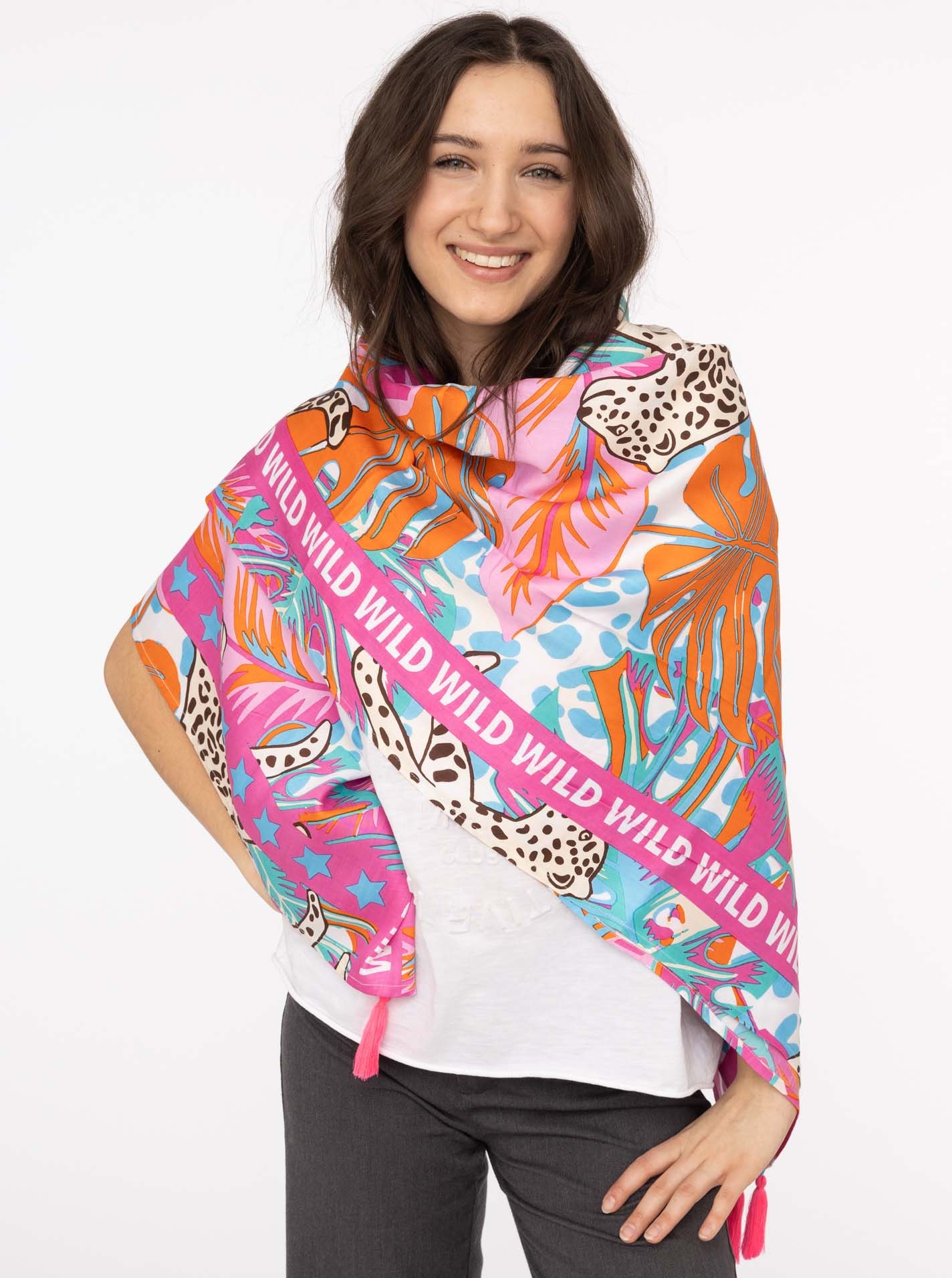 Image of Zwillingsherz Modetuch "Viereck "Wild Dschungel"" mit Leoparden und Tasseln