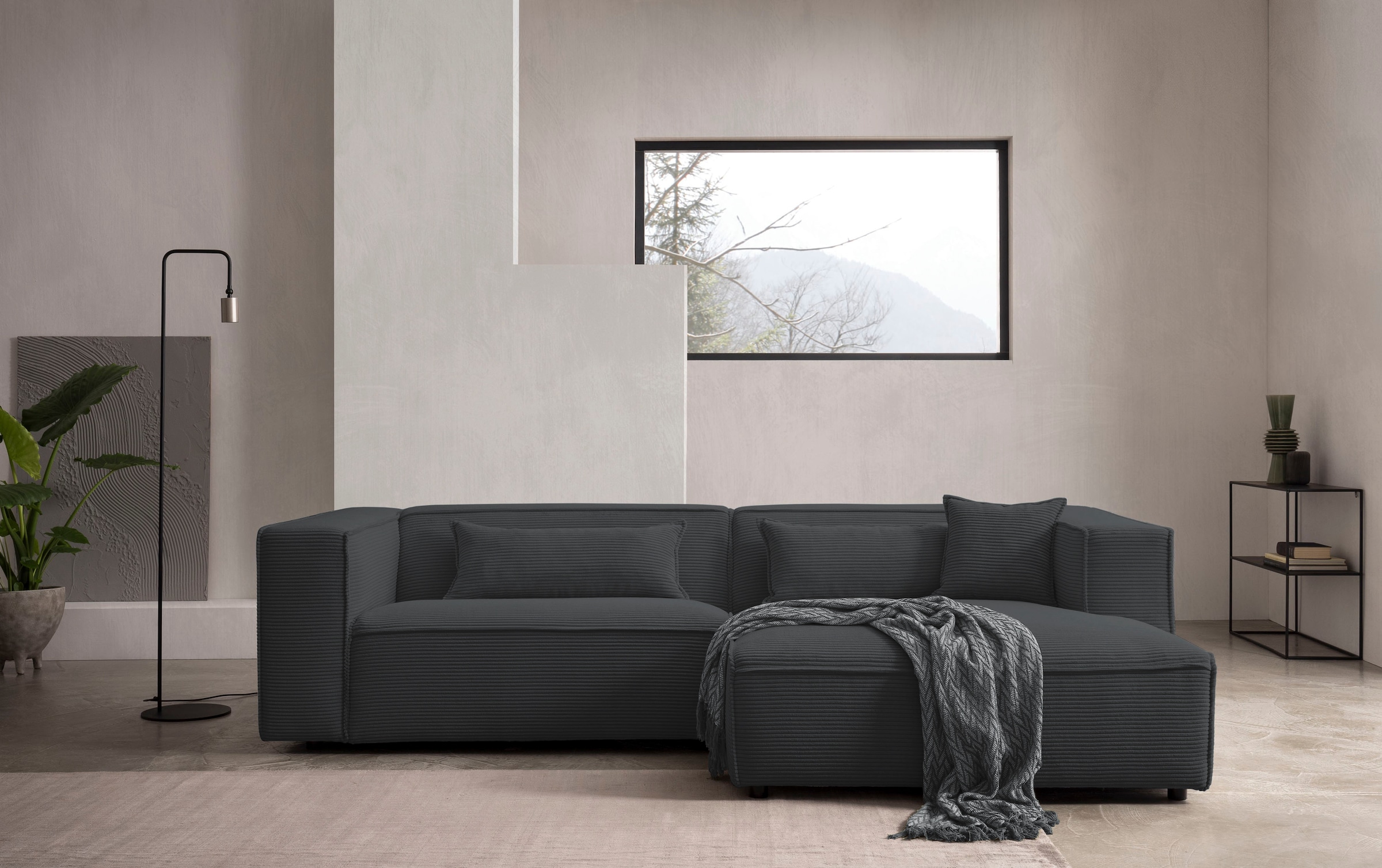 LeGer Home by Lena Gercke Canapé d'angle »PIARA mit Kedernaht, Cord, Leinenoptik o. Strukturstoff, Couch, L-Form« wahlweise Ottomane rechts/links, schwarze Füsse, bequemer Sitzkomfort