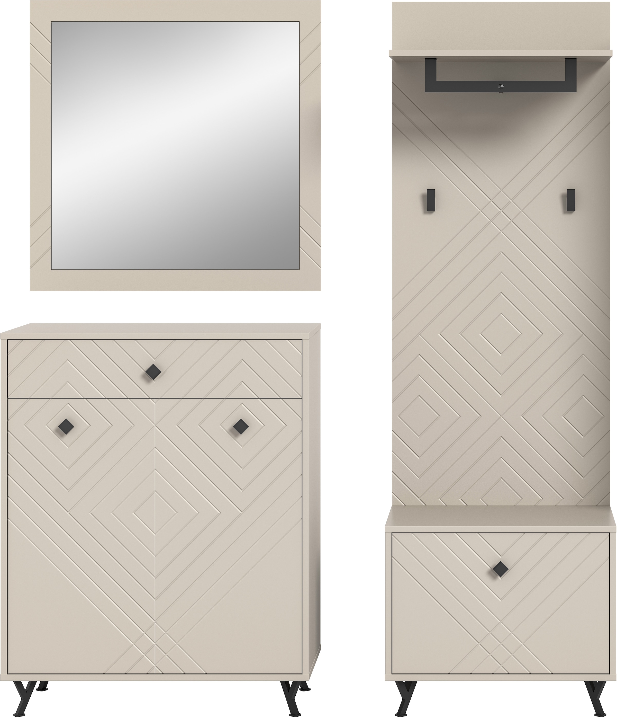 INOSIGN Garderoben-Set »Mento, 4-teilig, Ornamentfräsung in der Front, bestehend aus:«, (Set, 4 St.), Kommode, Spiegel, Sitzbank & Garderobenpaneel, Metall Griffe & Füsse