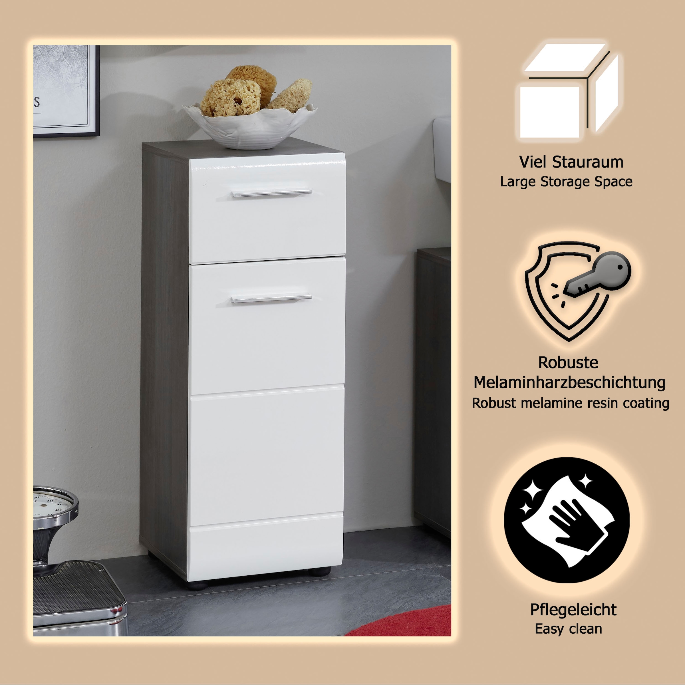 welltime Armoire basse »Sovana« commode de salle de bain avec façade laquée brillante et 1 tiroir - (L/P/H) 30/31/80 cm