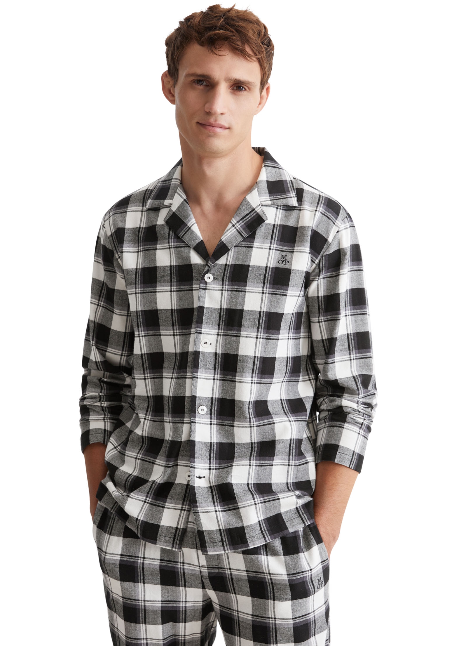 Image of Marc OPolo Pyjamaoberteil "Homey Flanne" Knopfleiste, Langarm, kariert, Logo-Stickerei, Flanell
