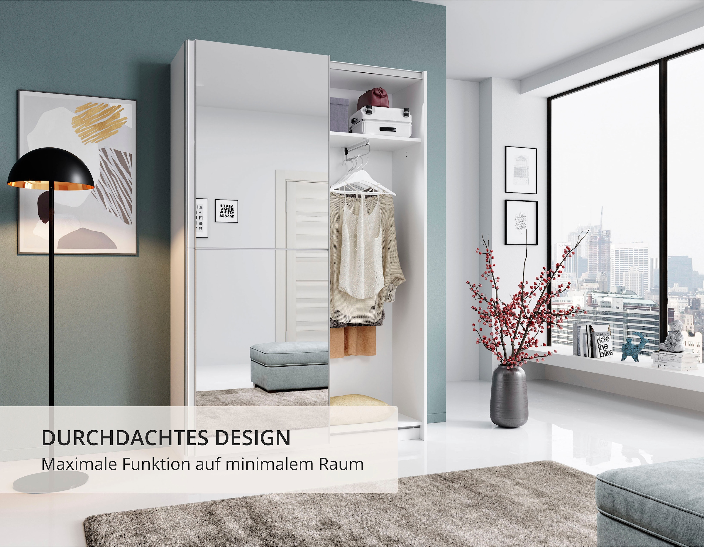 Schlafkontor Schwebetürenschrank »Heimo/Fast Schrank Kleiderschrank Garderobe«, geringe Tiefe, ausziehbarer Kleiderstange, Garderobenschrank, 6 Böden