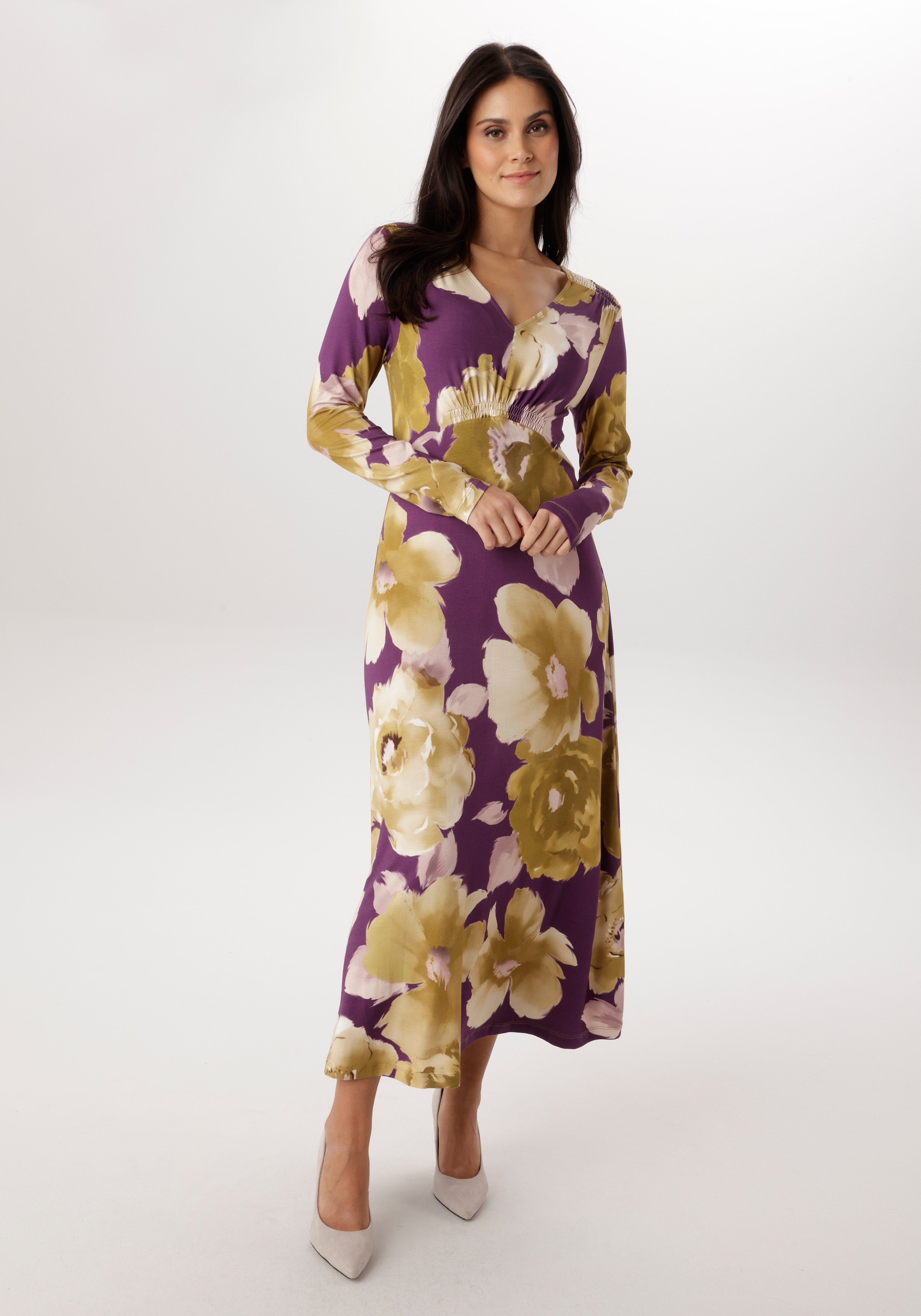 Aniston SELECTED Robe midi mit Smok-Details und fantasievollem Blütendruck - NEUE KOLLEKTION