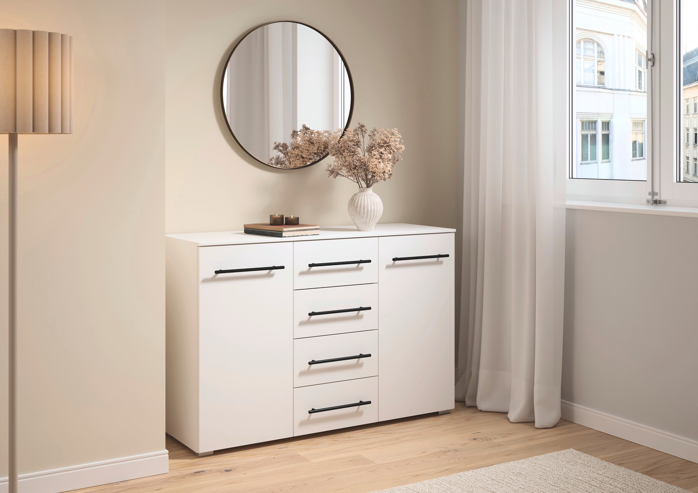 GOODproduct Commode combinée »Sideboard Türkommode Schubladenkommode Kommode RONDO« Largeur 120 / hauteur 81 cm, 4 étagères,  avec 4 tiroirs spacieux, poignée métal noire MADE IN GERMANY