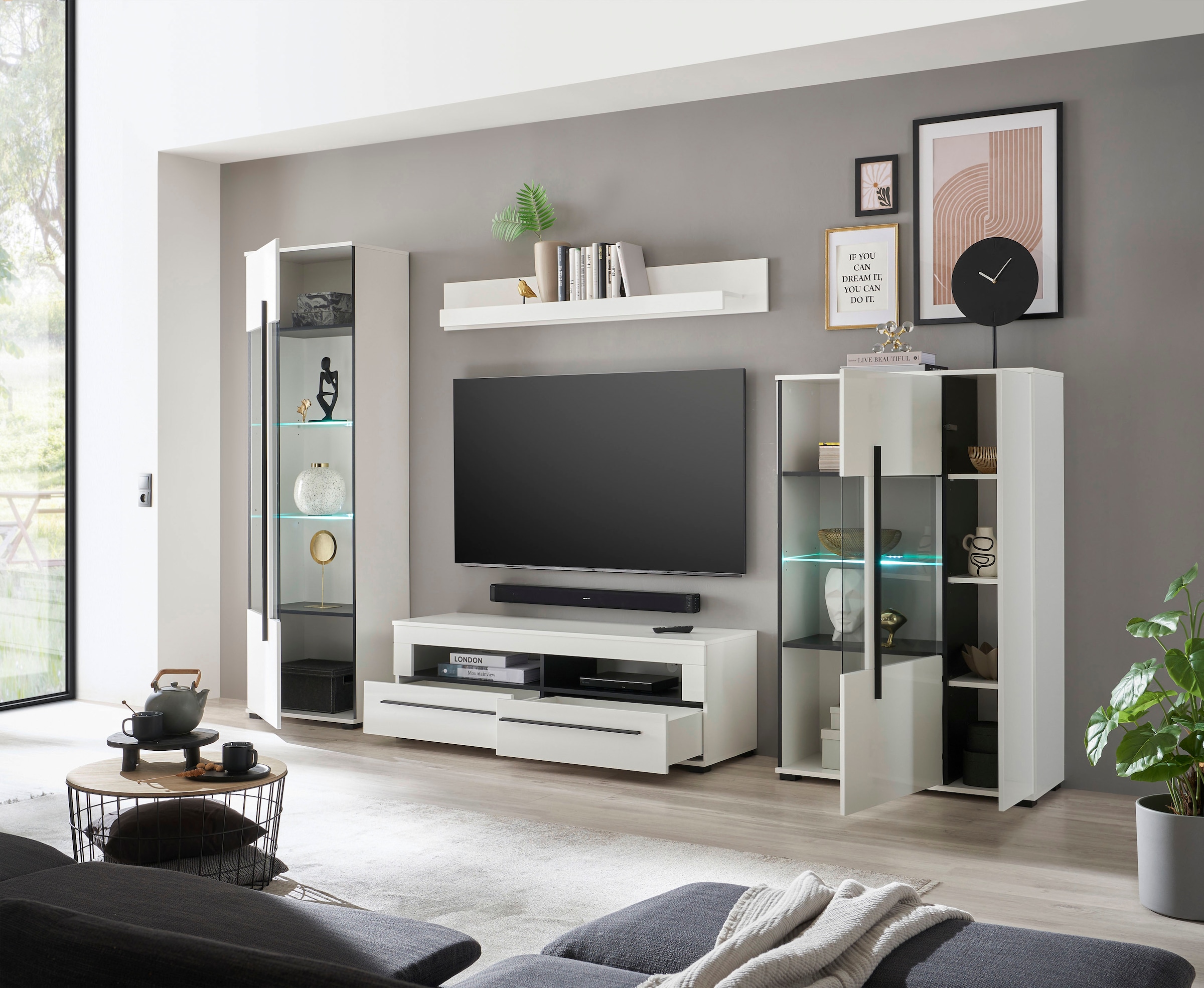 INOSIGN Wohnwand »Cantara, moderne Anbauwand, Wohnzimmer-Set, in Eiche Evoke oder Weiss«, (Set), enthält zwei Vitrinen, ein Lowboard und ein Wandboard