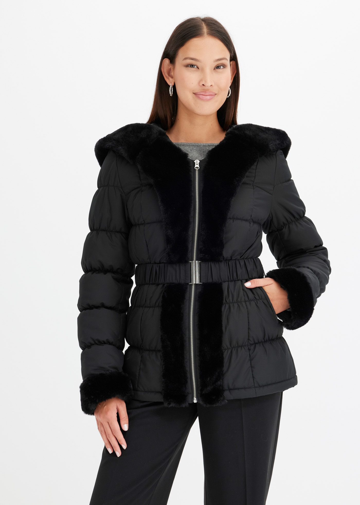 Image of bonprix Steppjacke mit Kapuze eleganter Look, mit Kapuze und Fellimitat, Winterjacke